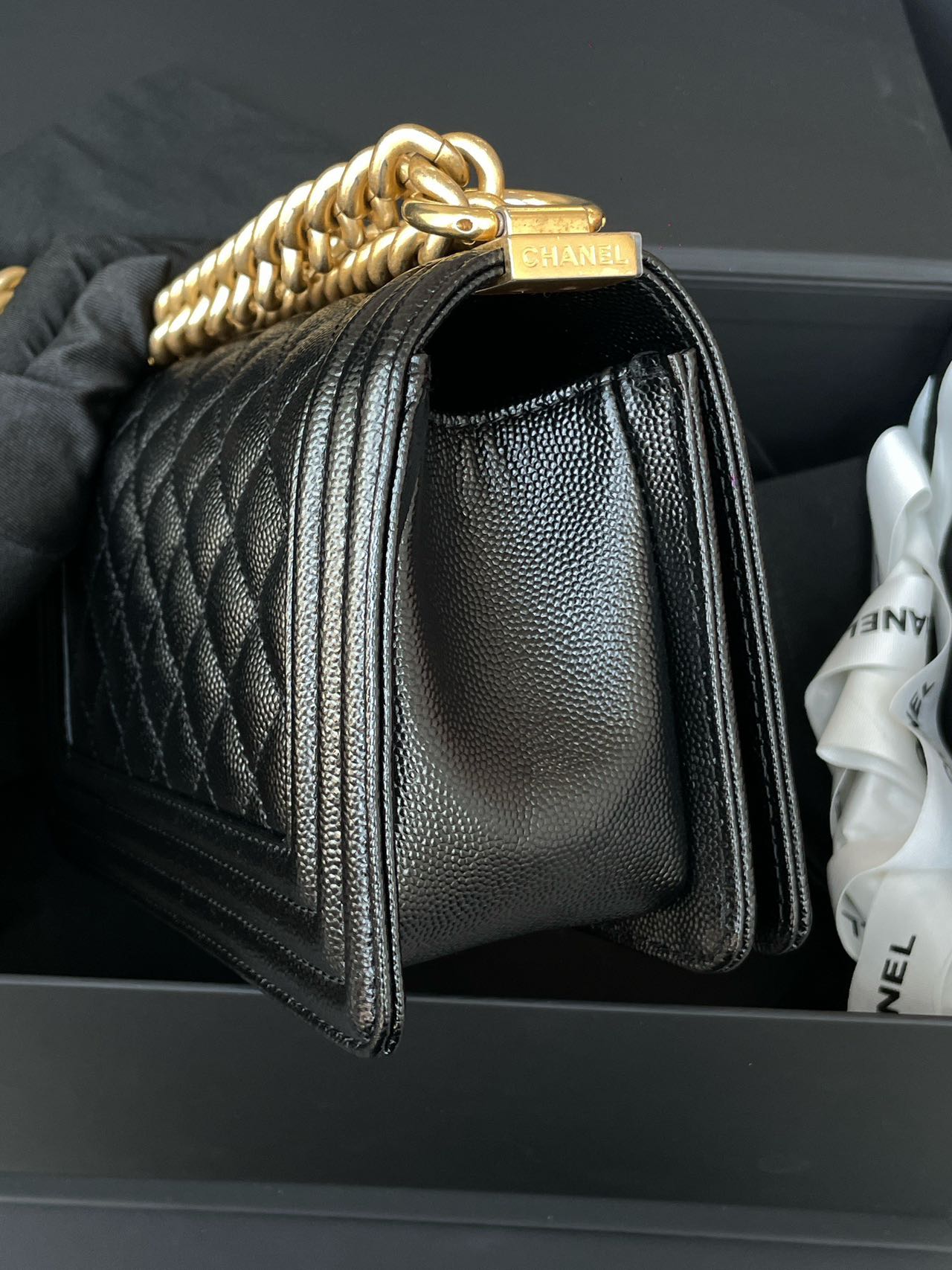 Pre-owned Certified Chanel Small Boy Bag in Black Caviar Leather with Golden Hardware, 2021 Microchipped,  w/ full set
