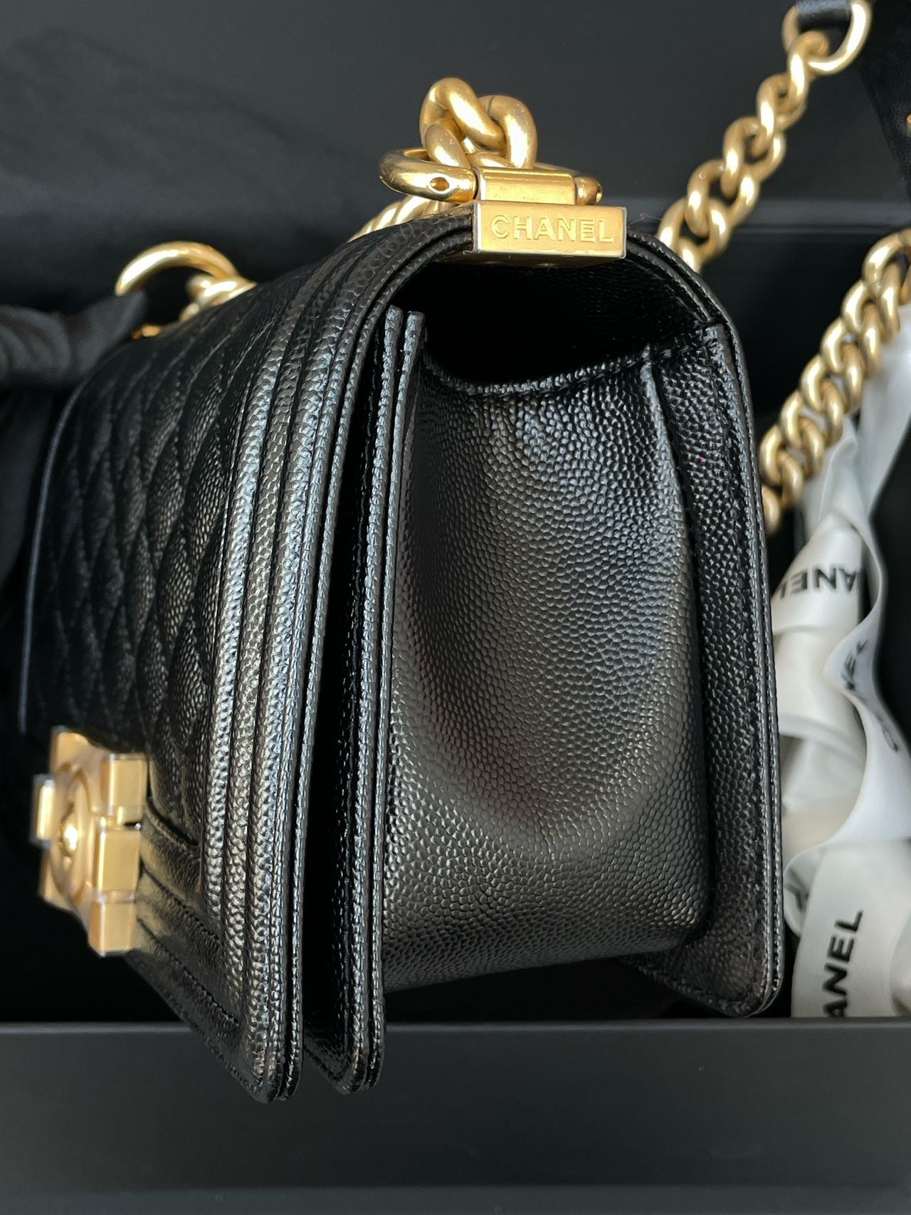 Pre-owned Certified Chanel Small Boy Bag in Black Caviar Leather with Golden Hardware, 2021 Microchipped,  w/ full set
