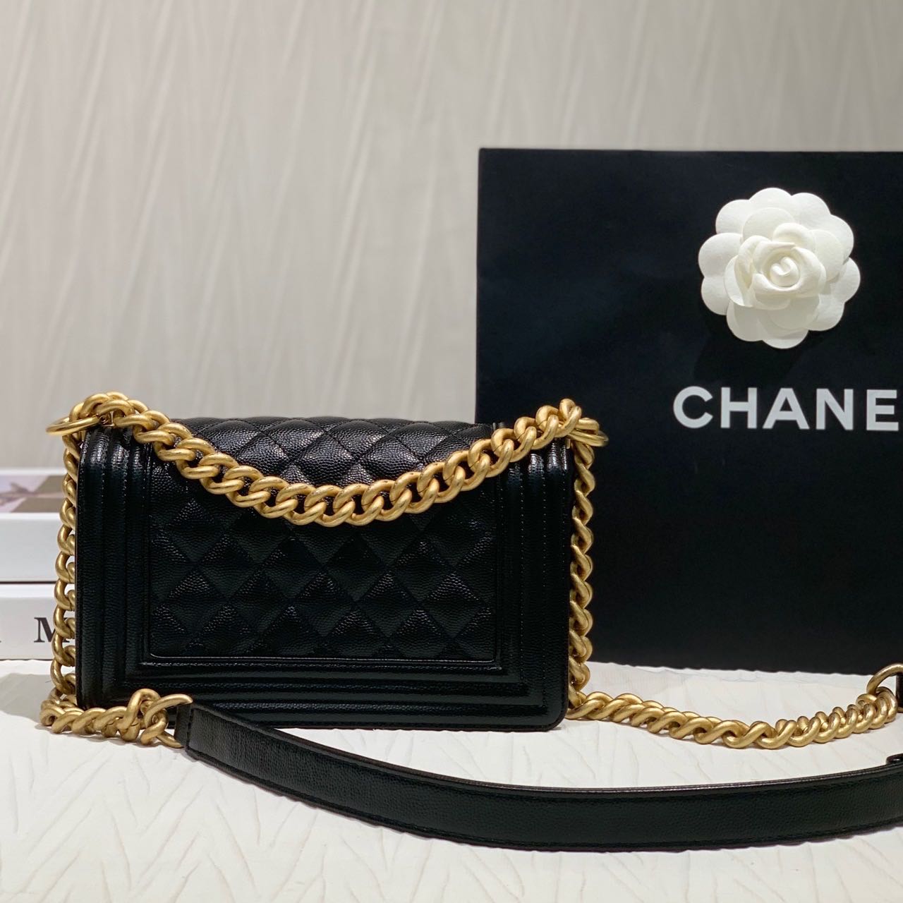 Pre-owned Certified Chanel Small Boy Bag in Black Caviar Leather with Golden Hardware,  w/ full set