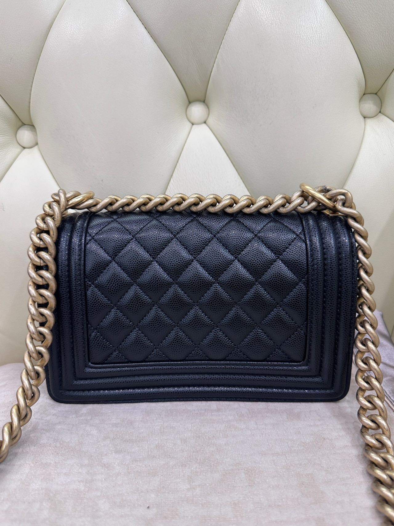 Pre-owned Certified Chanel Small Boy Bag in Black Caviar Leather with Golden Hardware,  w/ full set