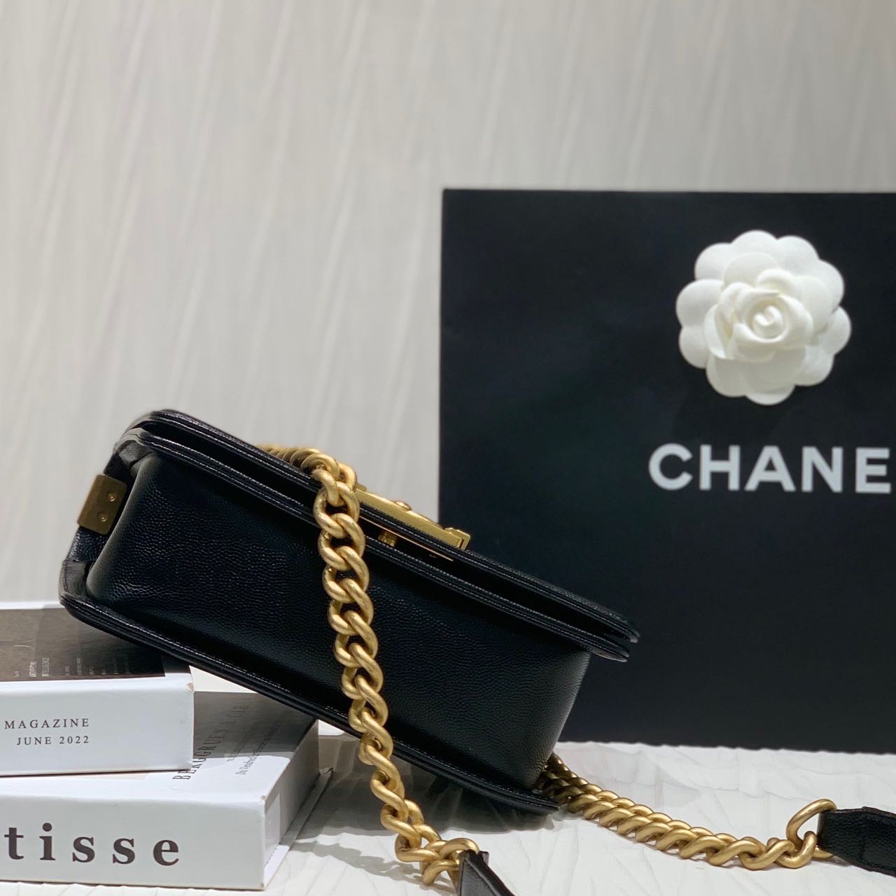 Pre-owned Certified Chanel Small Boy Bag in Black Caviar Leather with Golden Hardware,  w/ full set