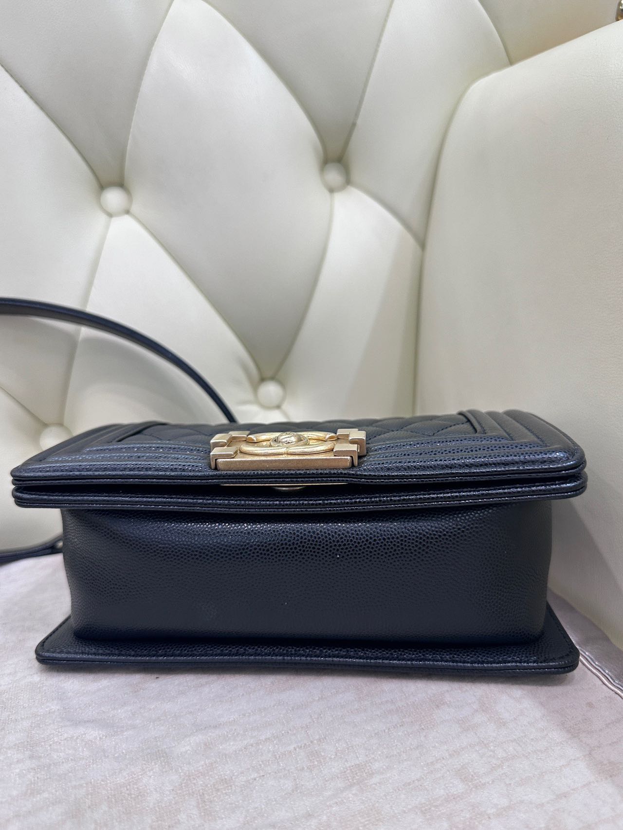 Pre-owned Certified Chanel Small Boy Bag in Black Caviar Leather with Golden Hardware,  w/ full set