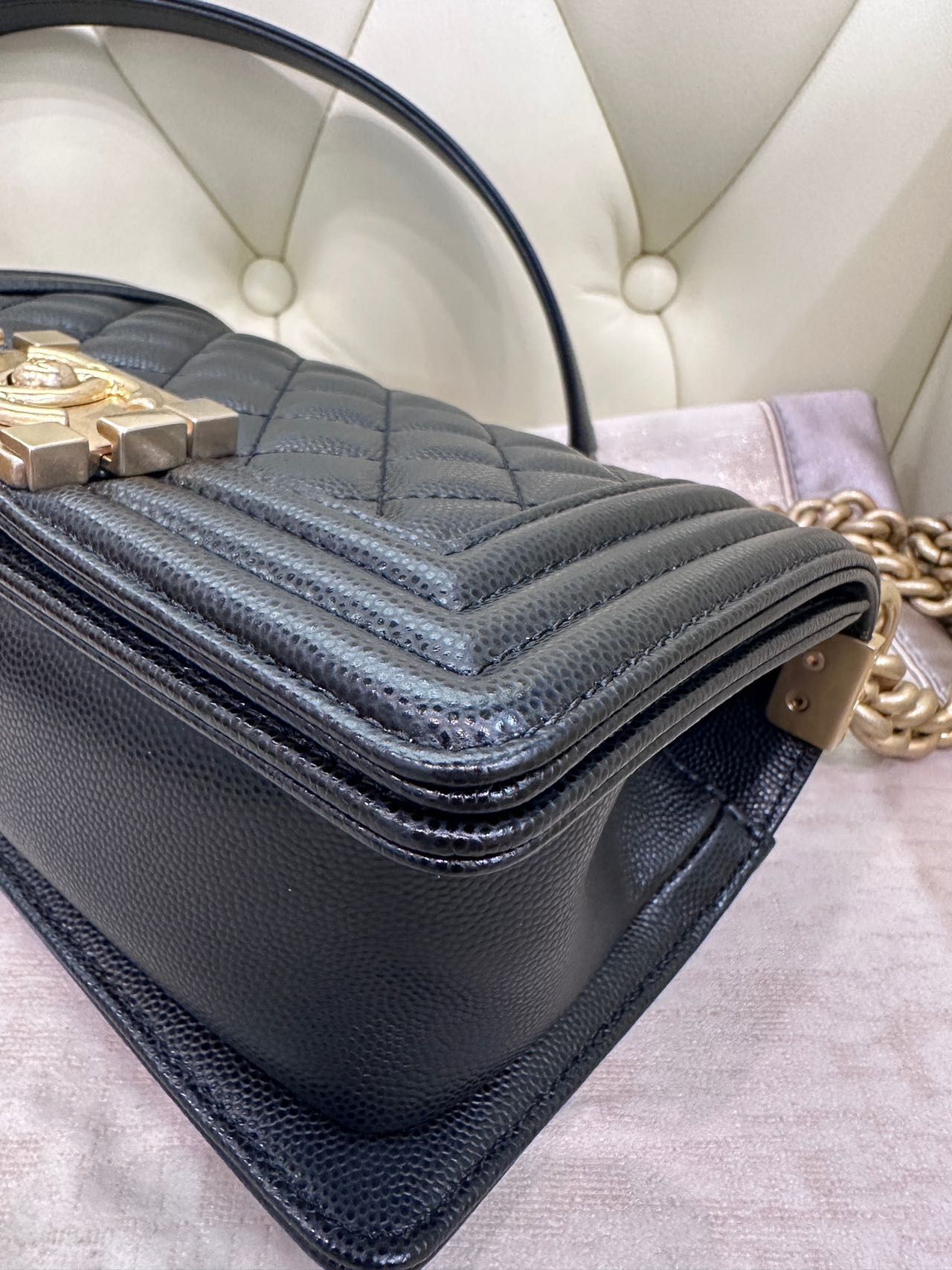 Pre-owned Certified Chanel Small Boy Bag in Black Caviar Leather with Golden Hardware,  w/ full set