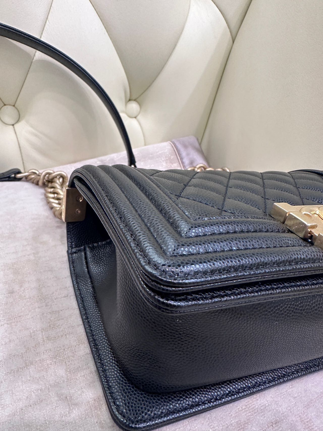 Pre-owned Certified Chanel Small Boy Bag in Black Caviar Leather with Golden Hardware,  w/ full set