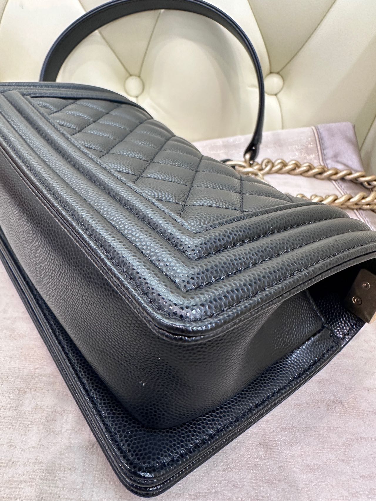 Pre-owned Certified Chanel Small Boy Bag in Black Caviar Leather with Golden Hardware,  w/ full set
