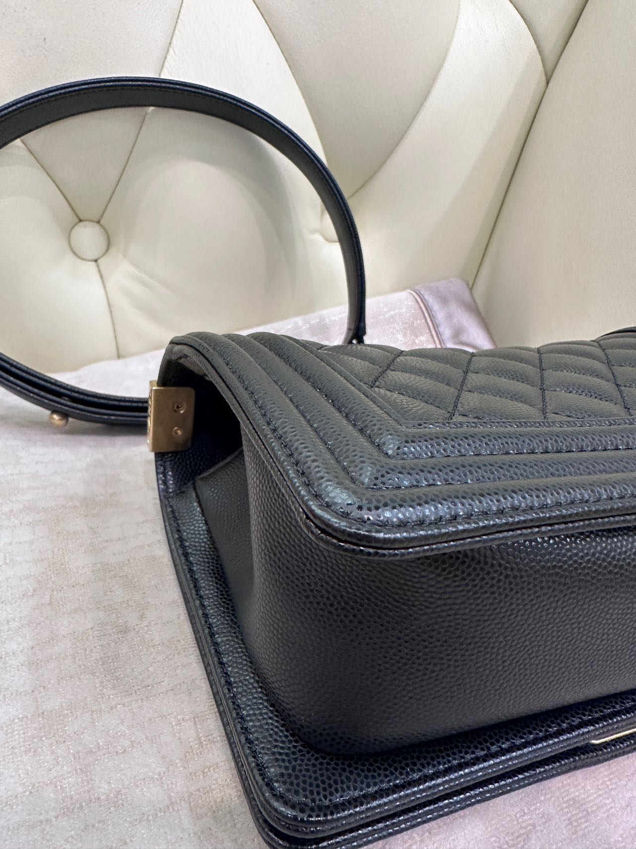 Pre-owned Certified Chanel Small Boy Bag in Black Caviar Leather with Golden Hardware,  w/ full set