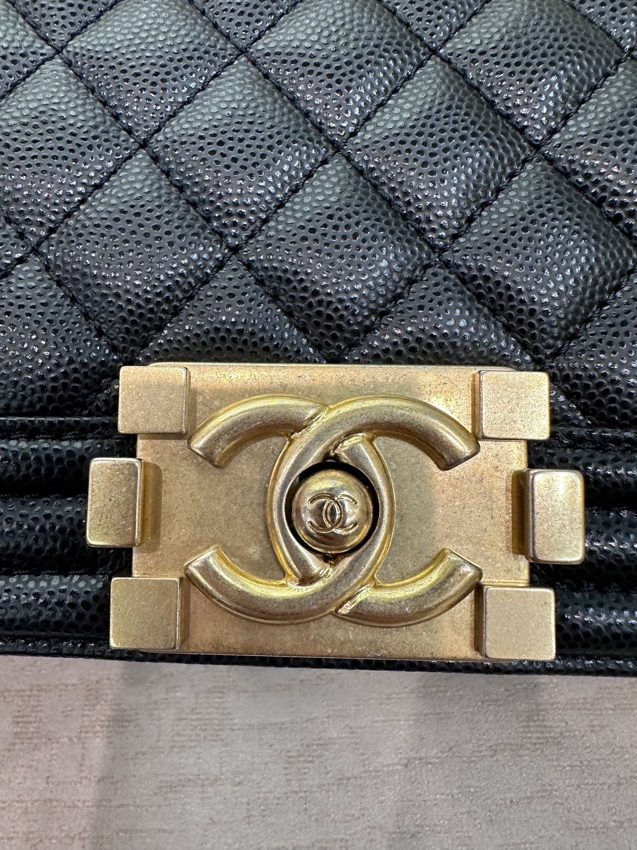 Pre-owned Certified Chanel Small Boy Bag in Black Caviar Leather with Golden Hardware,  w/ full set