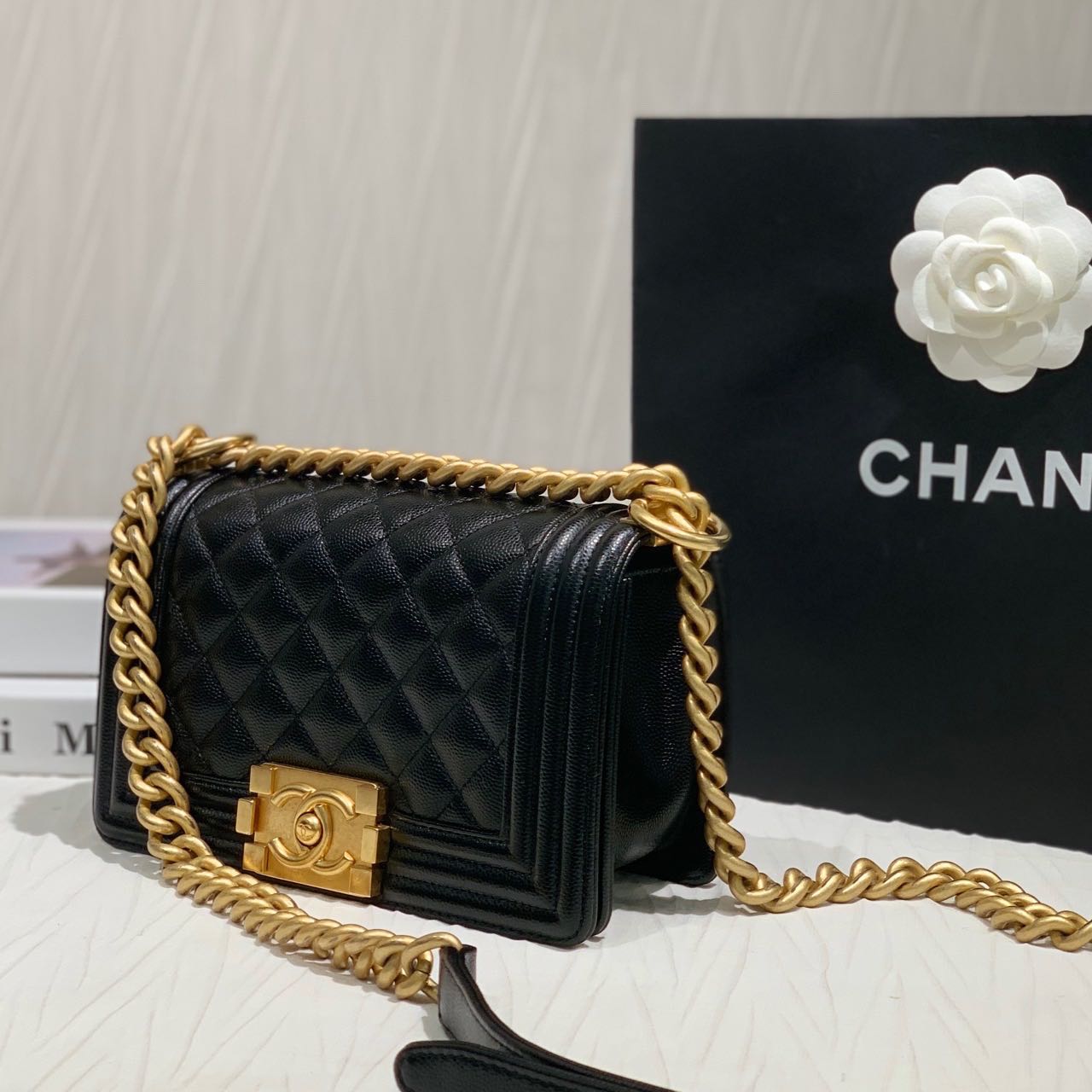 Pre-owned Certified Chanel Small Boy Bag in Black Caviar Leather with Golden Hardware,  w/ full set