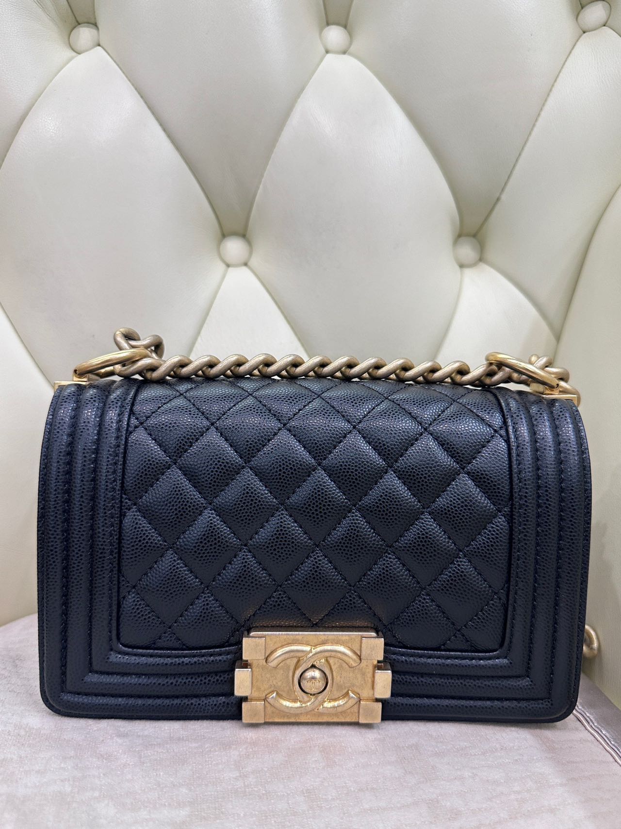 Pre-owned Certified Chanel Small Boy Bag in Black Caviar Leather with Golden Hardware,  w/ full set