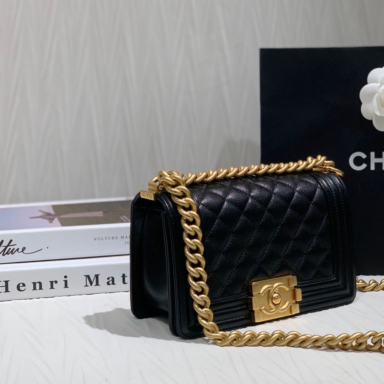 Pre-owned Certified Chanel Small Boy Bag in Black Caviar Leather with Golden Hardware,  w/ full set