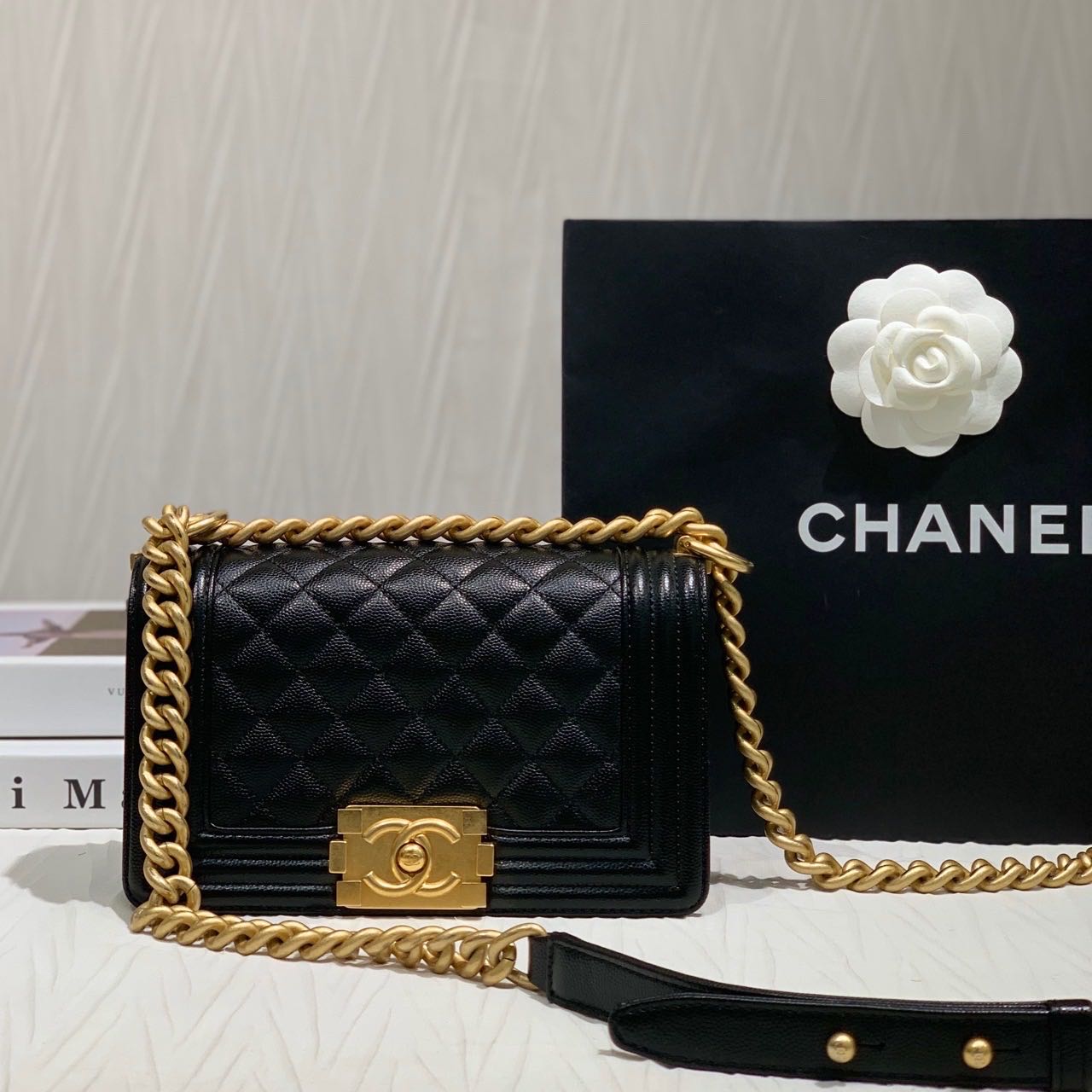 Pre-owned Certified Chanel Small Boy Bag in Black Caviar Leather with Golden Hardware,  w/ full set