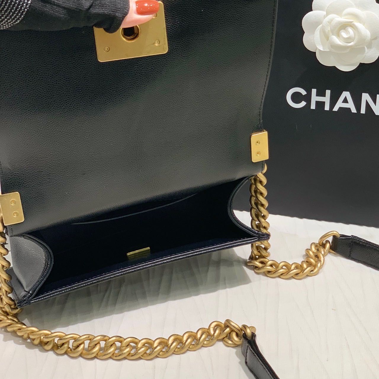 Pre-owned Certified Chanel Small Boy Bag in Black Caviar Leather with Golden Hardware,  w/ full set