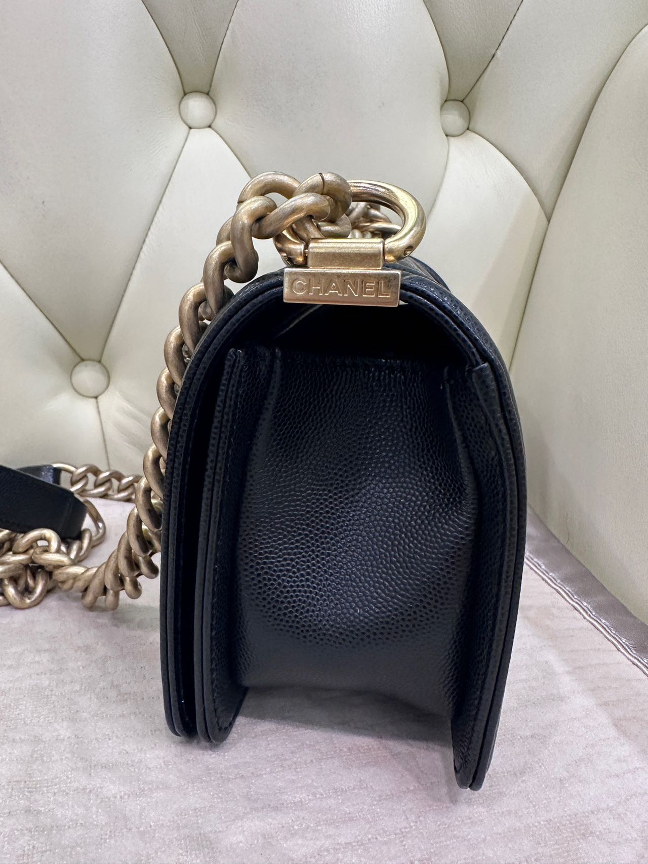 Pre-owned Certified Chanel Small Boy Bag in Black Caviar Leather with Golden Hardware,  w/ full set