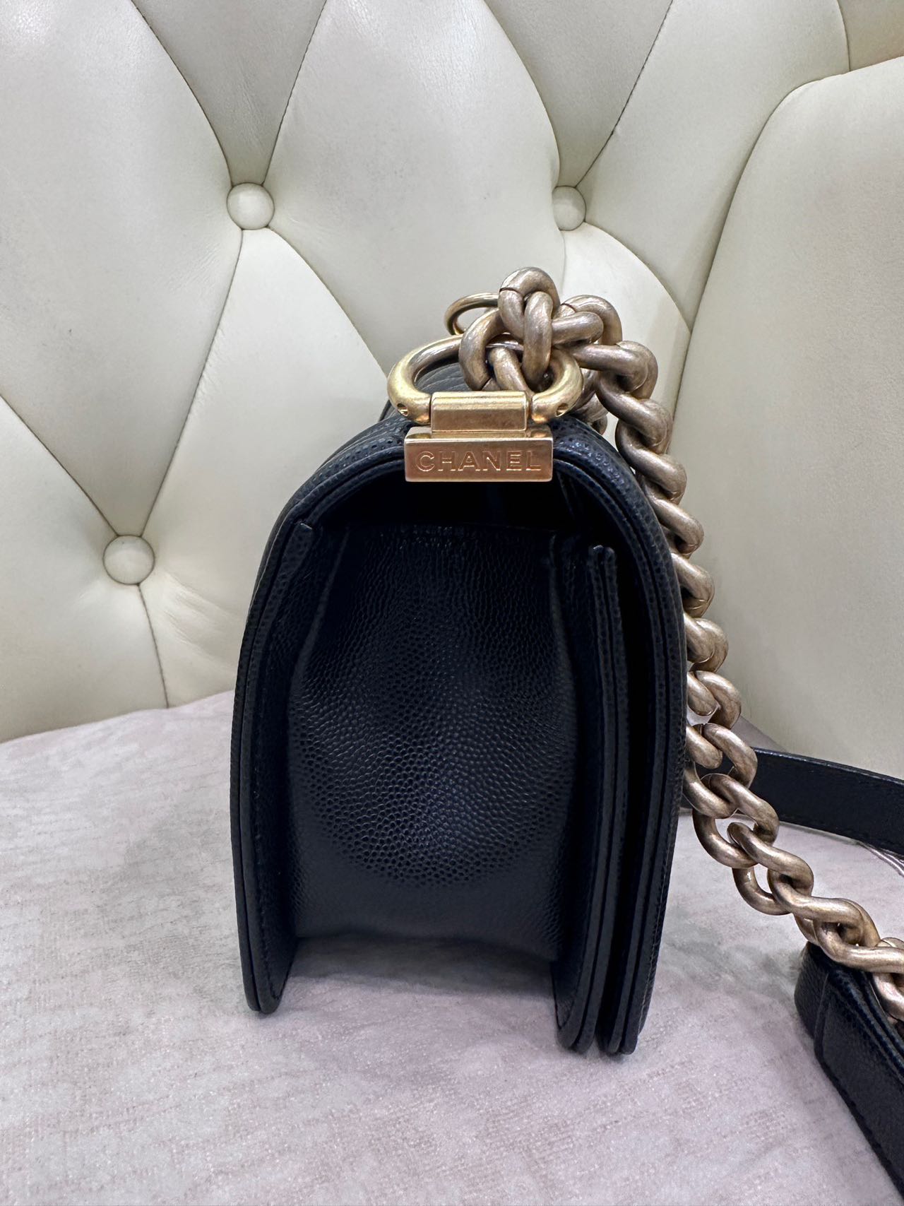 Pre-owned Certified Chanel Small Boy Bag in Black Caviar Leather with Golden Hardware,  w/ full set