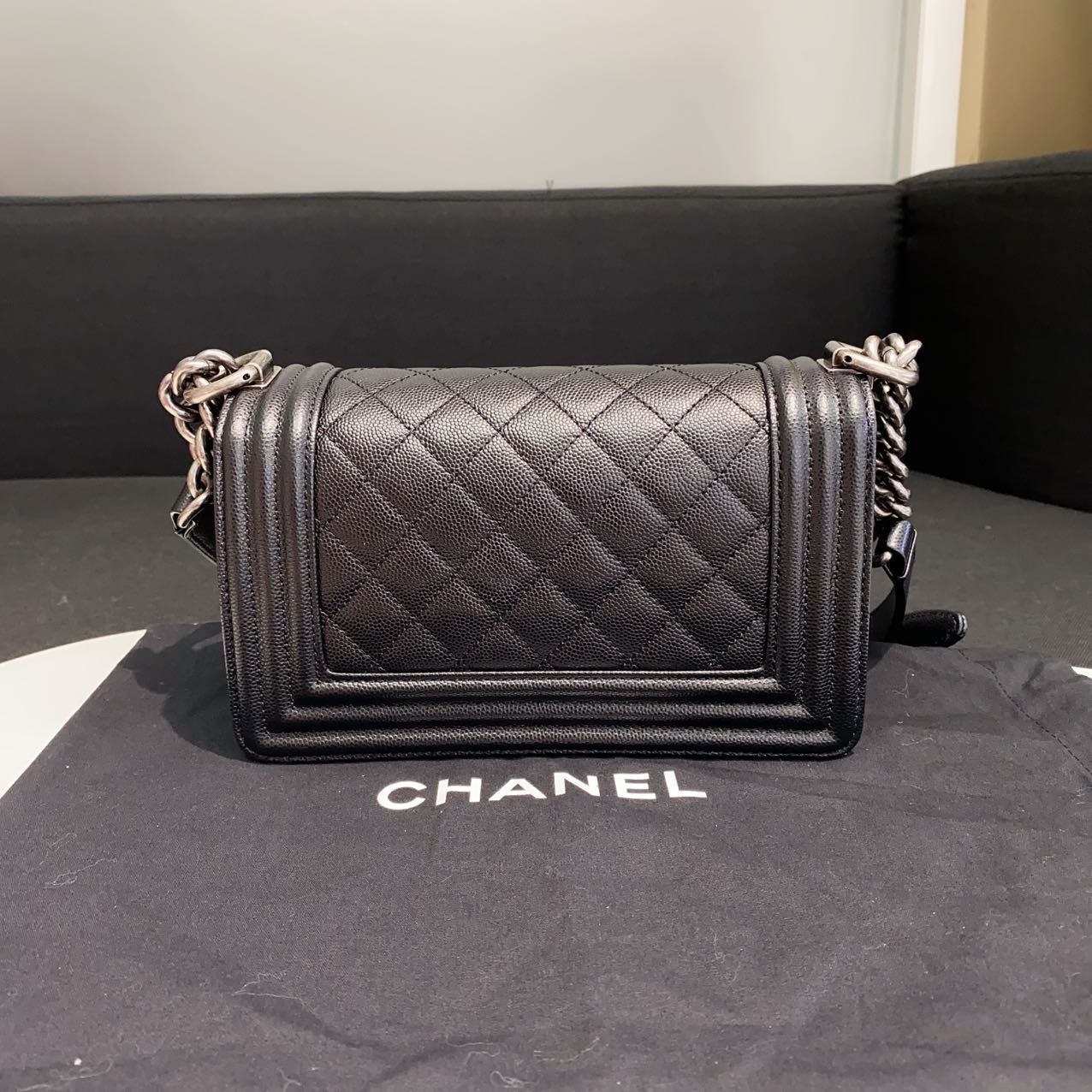 Pre-owned Certified Chanel Small Boy Bag in Black Caviar Leather with Silver Hardware, 2020-2021,  w/ full set
