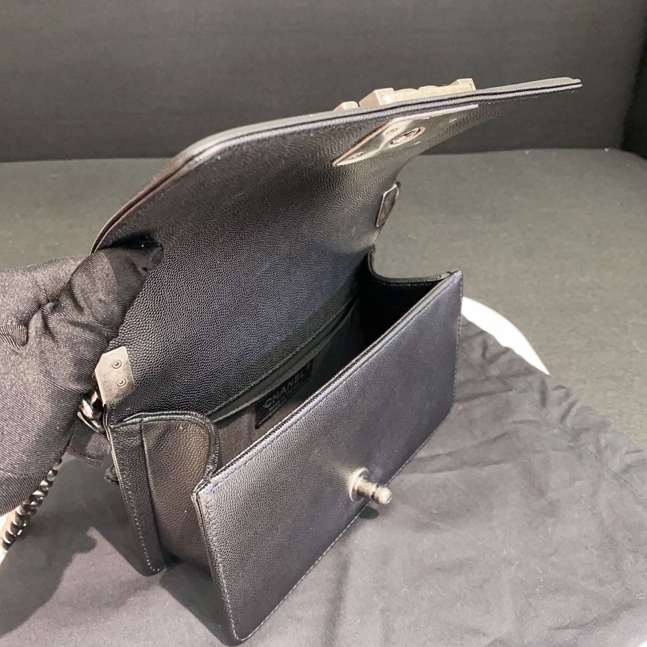 Pre-owned Certified Chanel Small Boy Bag in Black Caviar Leather with Silver Hardware, 2020-2021,  w/ full set