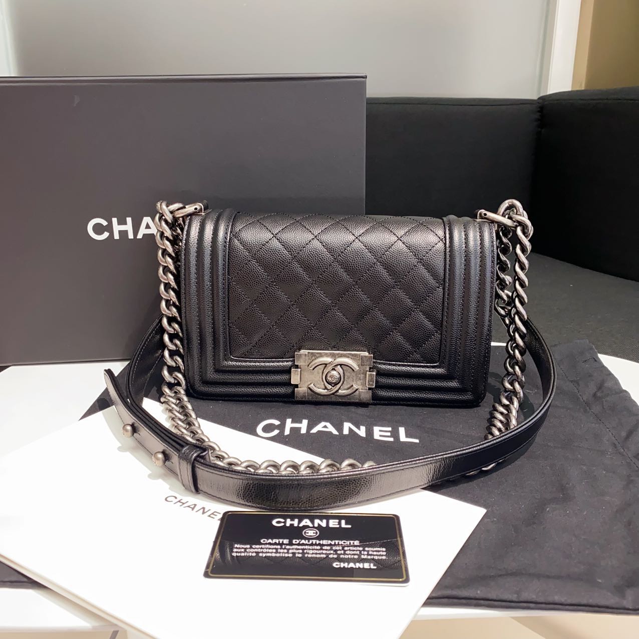 Pre-owned Certified Chanel Small Boy Bag in Black Caviar Leather with Silver Hardware, 2020-2021,  w/ full set
