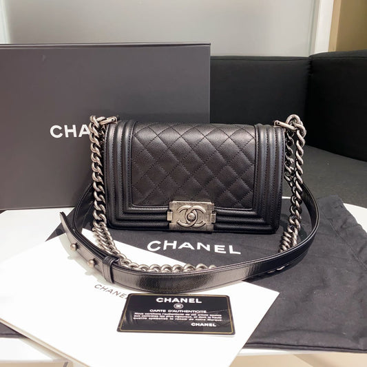 Pre-owned Certified Chanel Small Boy Bag in Black Caviar Leather with Silver Hardware, 2020-2021,  w/ full set