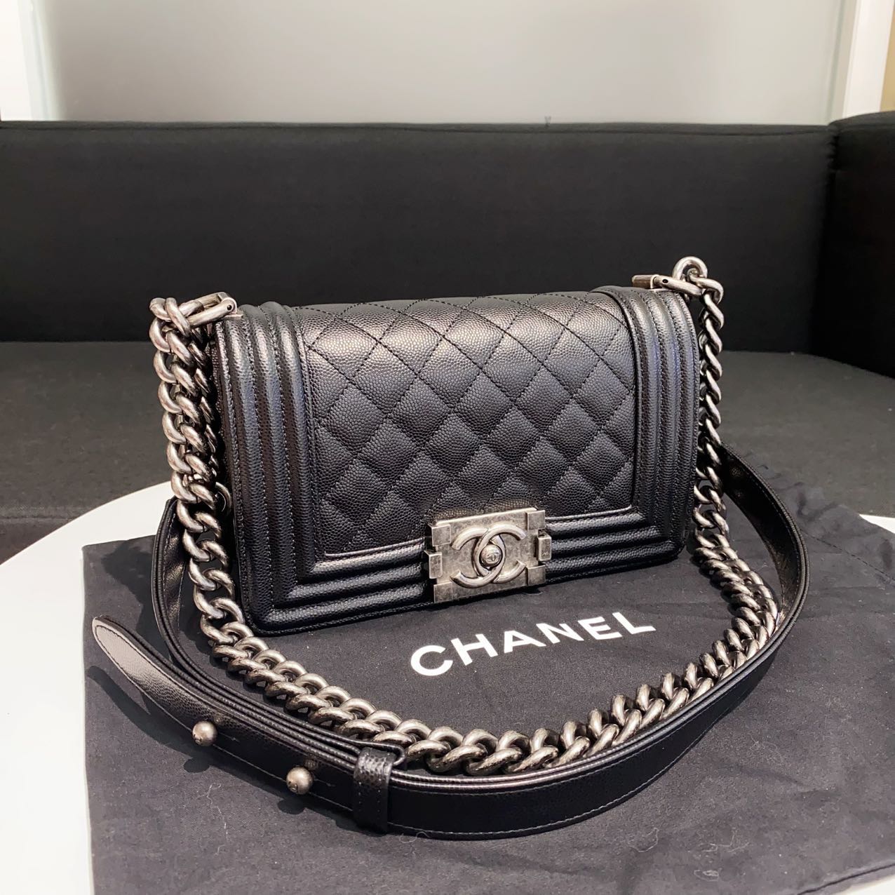 Pre-owned Certified Chanel Small Boy Bag in Black Caviar Leather with Silver Hardware, 2020-2021,  w/ full set