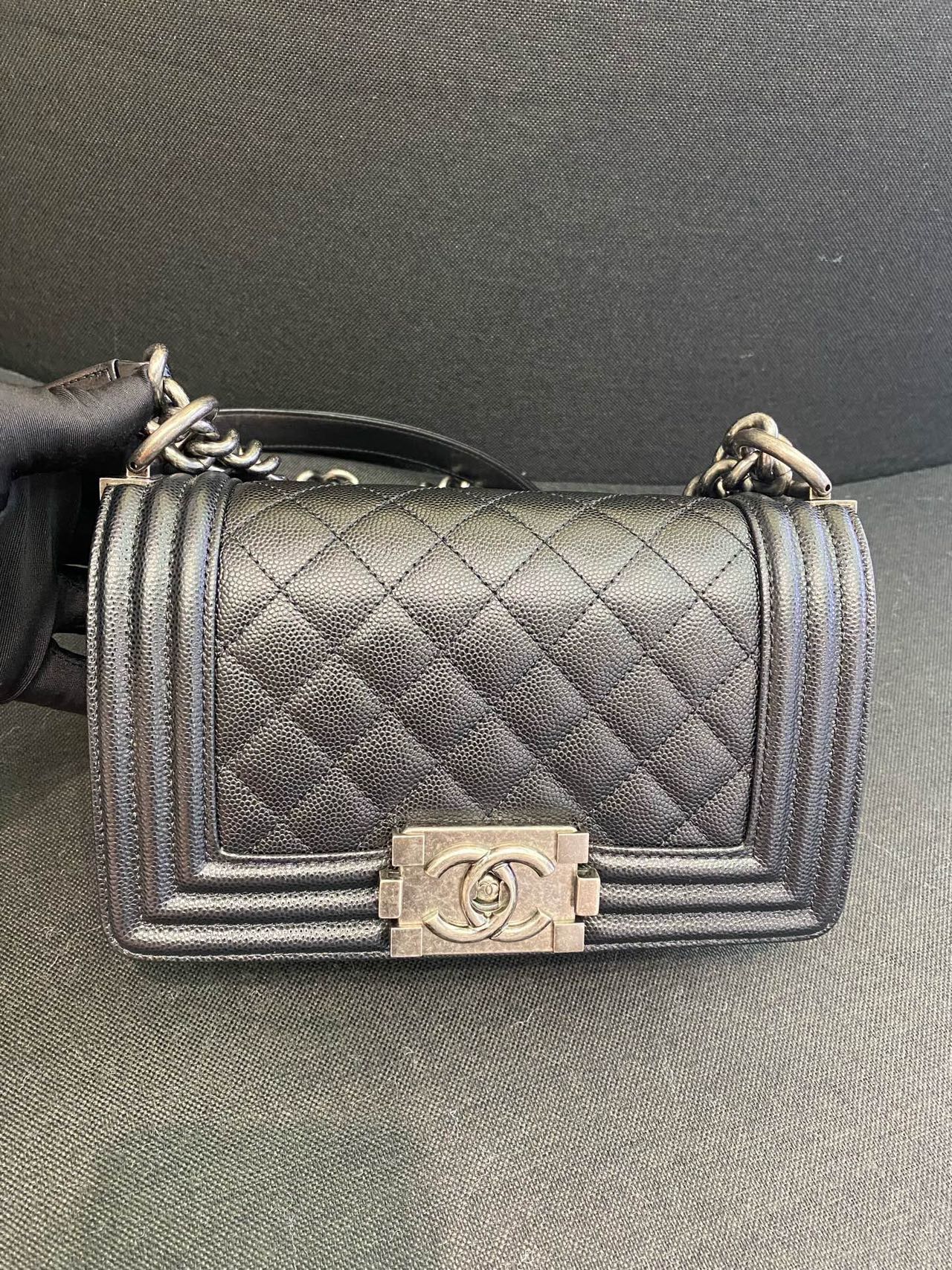 Pre-owned Certified Chanel Small Boy Bag in Black Caviar Leather with Silver Hardware, 2020-2021,  w/ full set