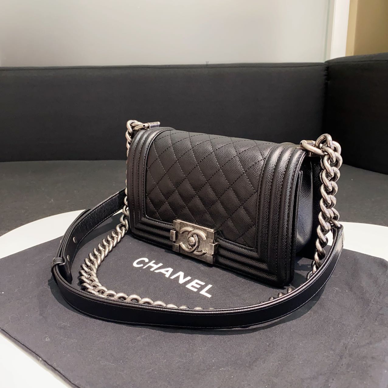 Pre-owned Certified Chanel Small Boy Bag in Black Caviar Leather with Silver Hardware, 2020-2021,  w/ full set