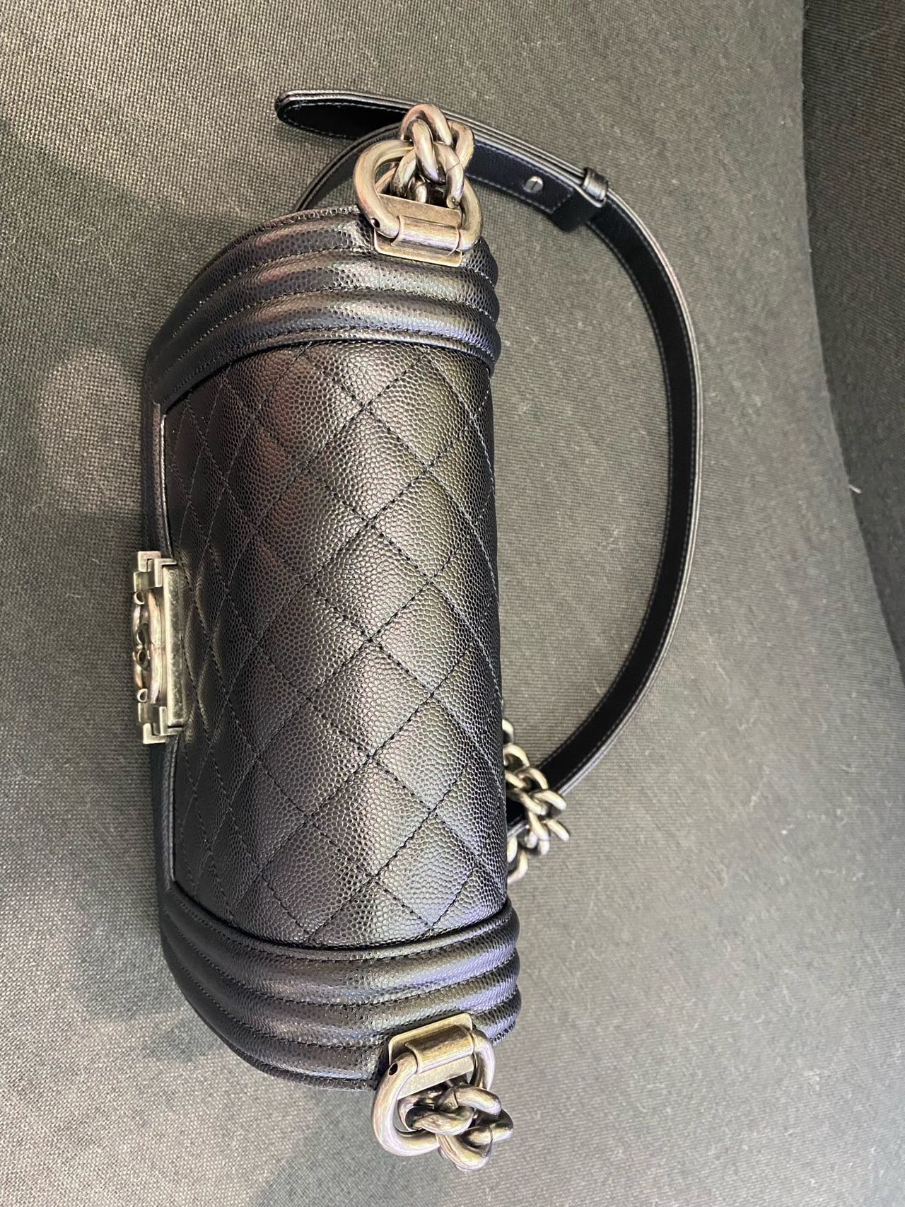 Pre-owned Certified Chanel Small Boy Bag in Black Caviar Leather with Silver Hardware, 2020-2021,  w/ full set