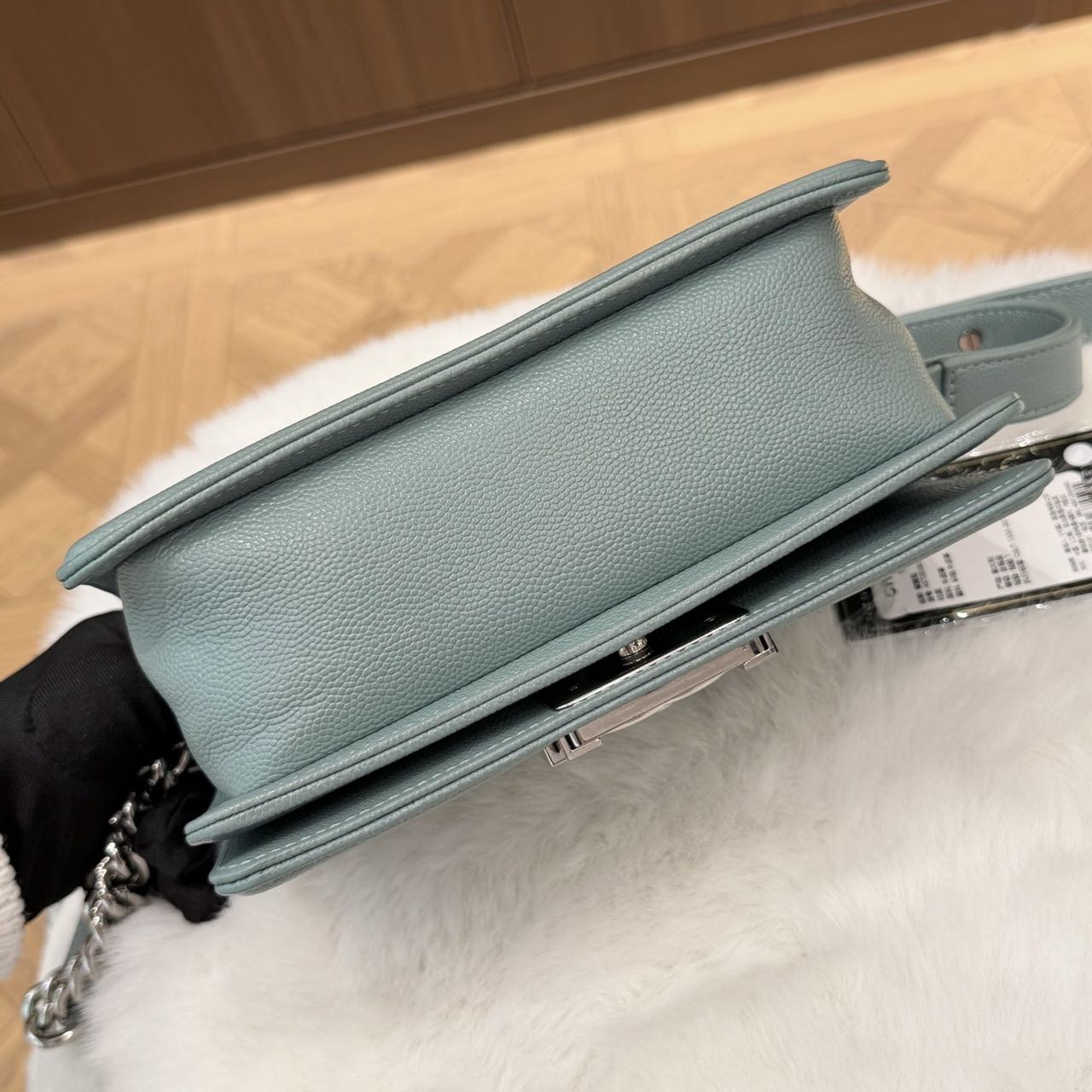 Pre-owned Certified Chanel Small Boy Bag in Light Blue Caviar Leather with Silver Hardware, 2020-2021,  w/ full set