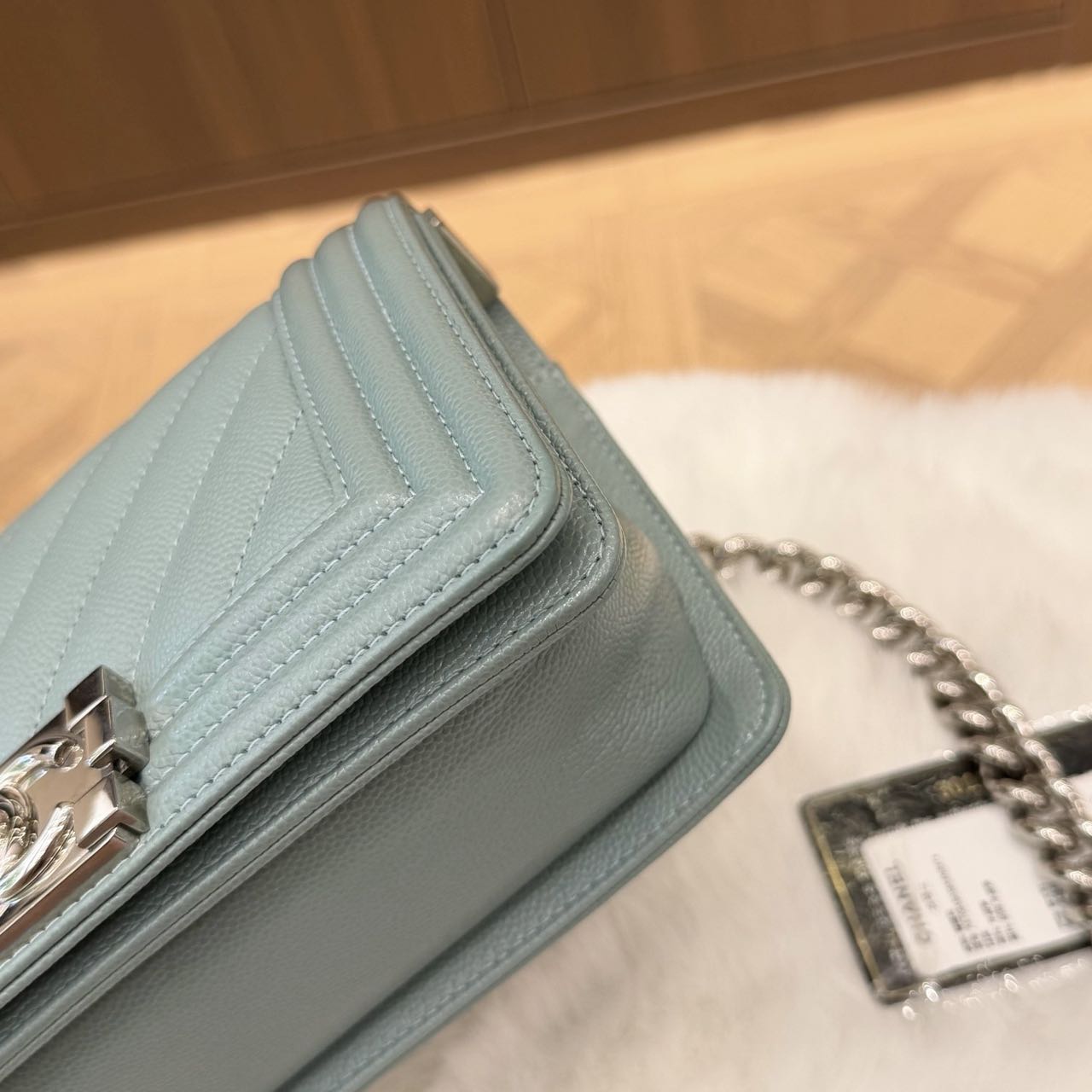 Pre-owned Certified Chanel Small Boy Bag in Light Blue Caviar Leather with Silver Hardware, 2020-2021,  w/ full set