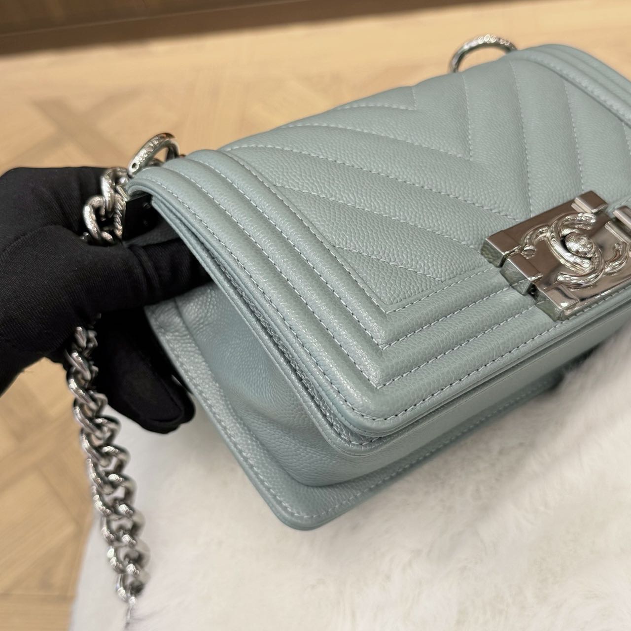 Pre-owned Certified Chanel Small Boy Bag in Light Blue Caviar Leather with Silver Hardware, 2020-2021,  w/ full set