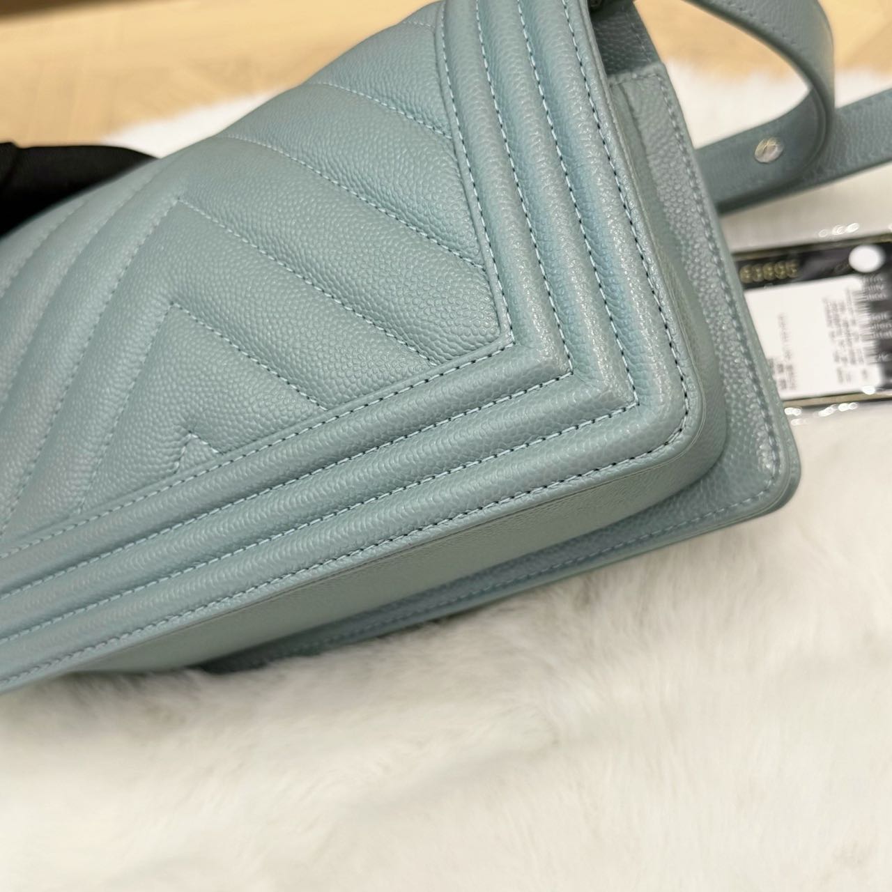 Pre-owned Certified Chanel Small Boy Bag in Light Blue Caviar Leather with Silver Hardware, 2020-2021,  w/ full set