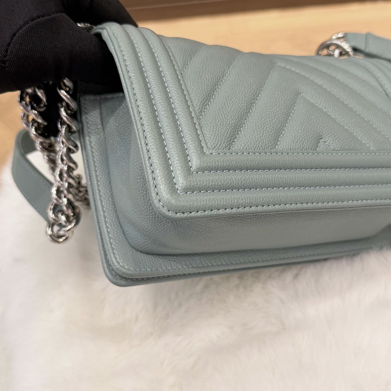 Pre-owned Certified Chanel Small Boy Bag in Light Blue Caviar Leather with Silver Hardware, 2020-2021,  w/ full set