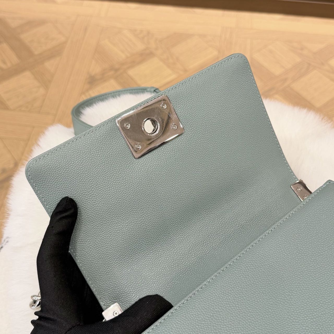 Pre-owned Certified Chanel Small Boy Bag in Light Blue Caviar Leather with Silver Hardware, 2020-2021,  w/ full set