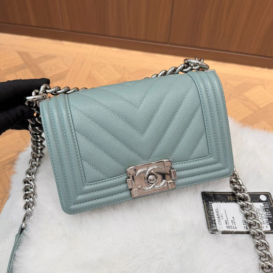 Pre-owned Certified Chanel Small Boy Bag in Light Blue Caviar Leather with Silver Hardware, 2020-2021,  w/ full set