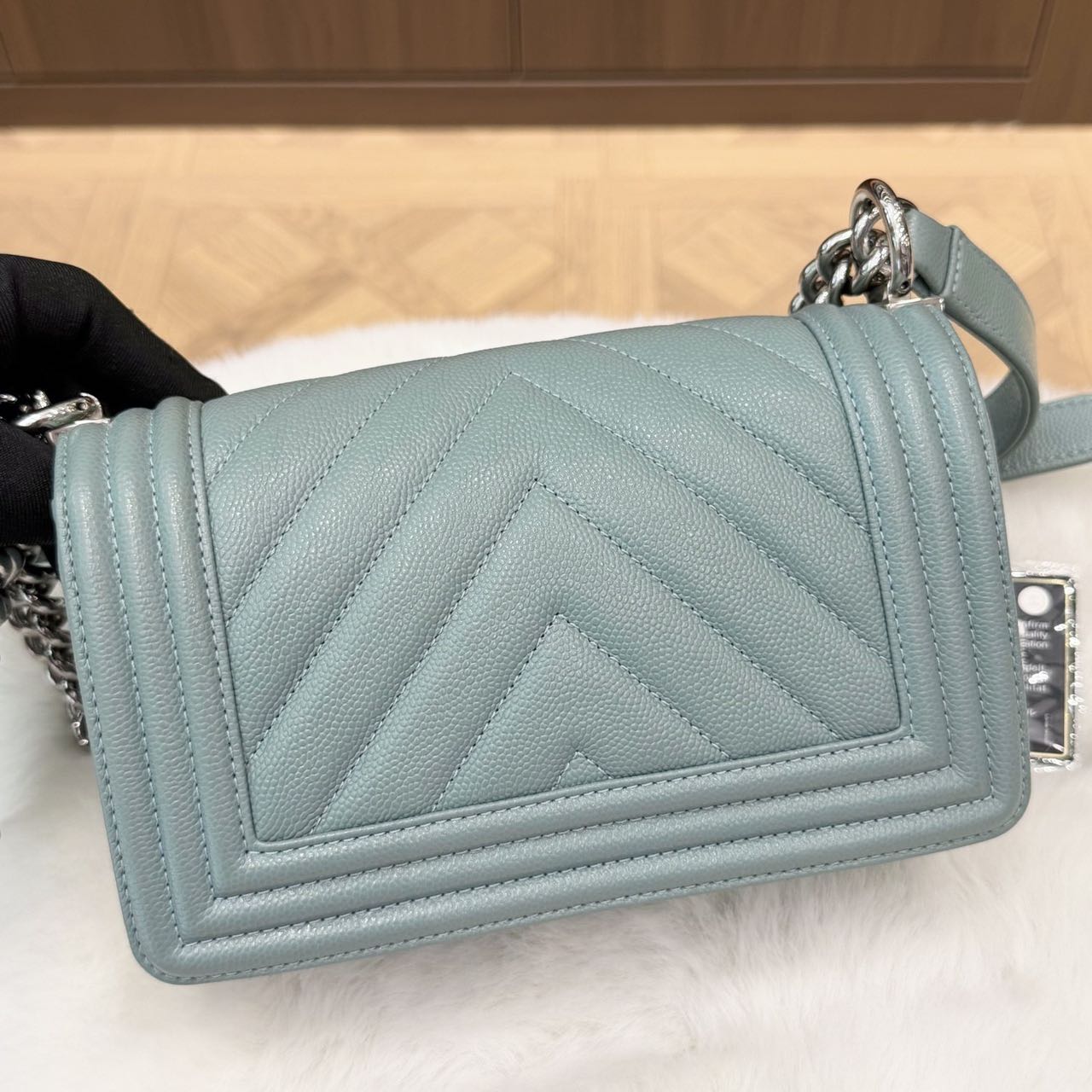 Pre-owned Certified Chanel Small Boy Bag in Light Blue Caviar Leather with Silver Hardware, 2020-2021,  w/ full set