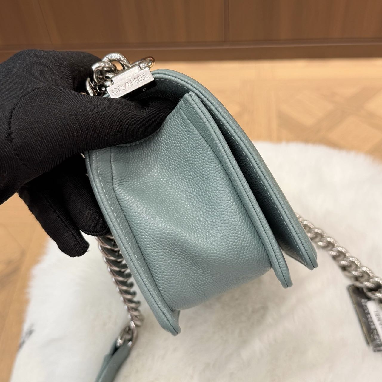 Pre-owned Certified Chanel Small Boy Bag in Light Blue Caviar Leather with Silver Hardware, 2020-2021,  w/ full set