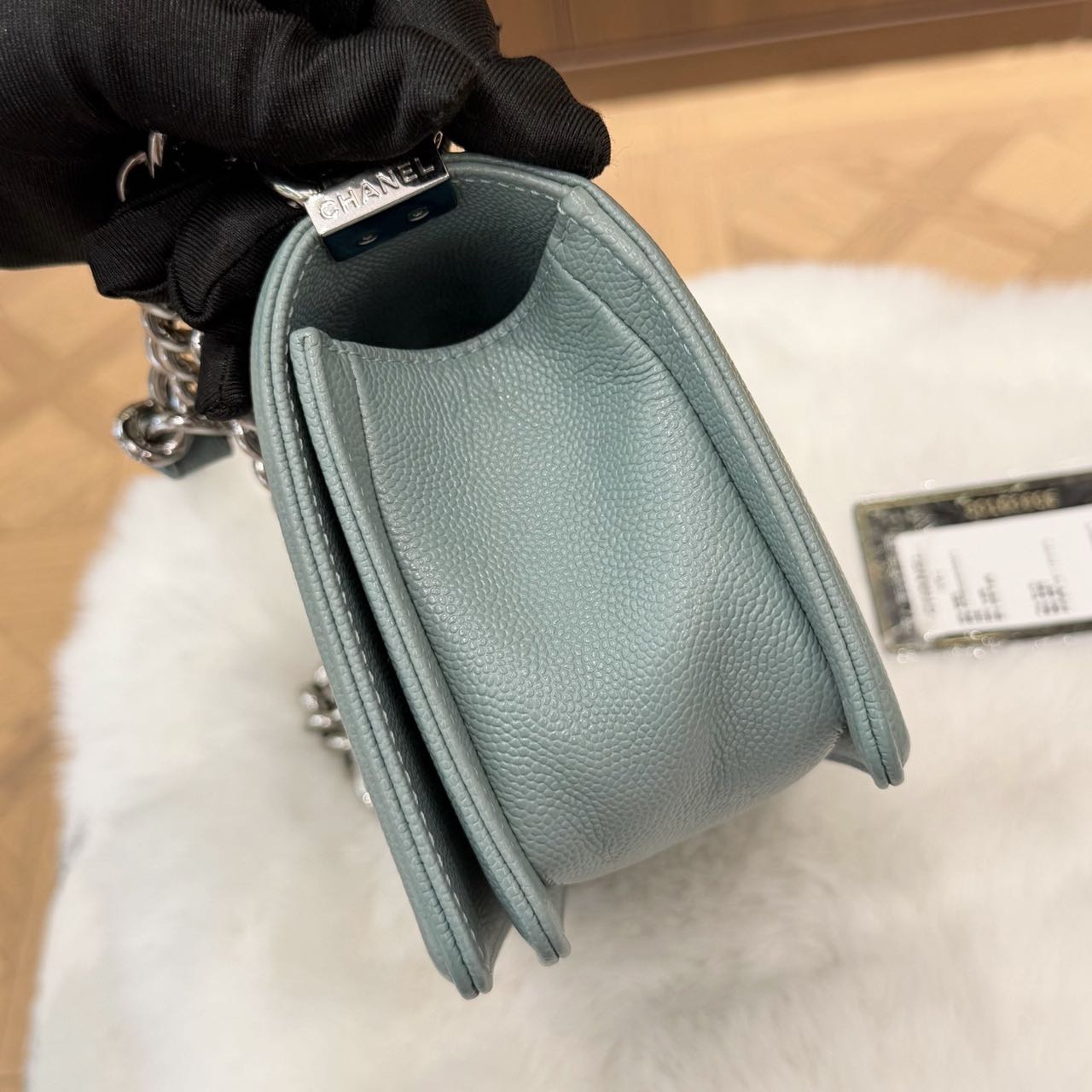 Pre-owned Certified Chanel Small Boy Bag in Light Blue Caviar Leather with Silver Hardware, 2020-2021,  w/ full set