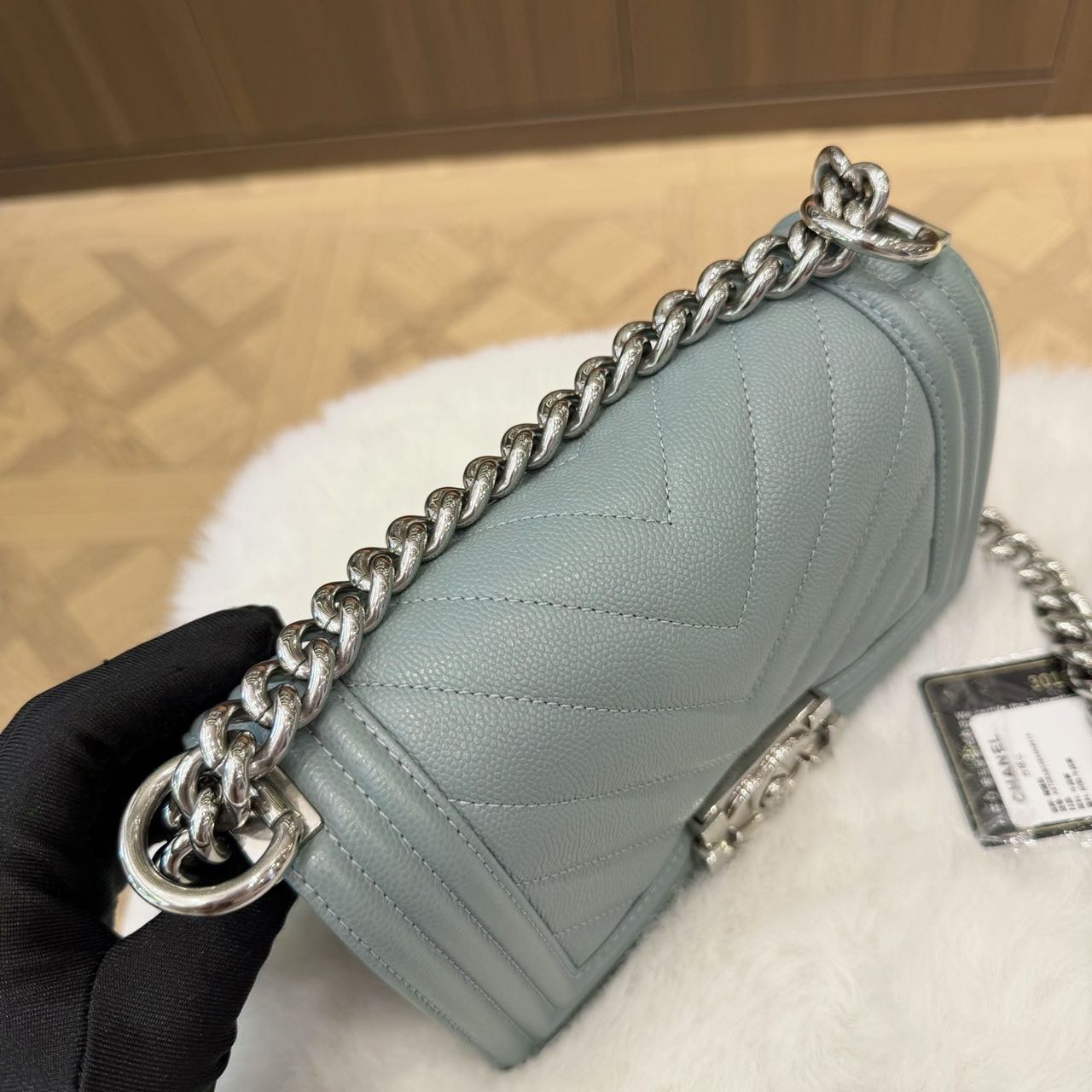 Pre-owned Certified Chanel Small Boy Bag in Light Blue Caviar Leather with Silver Hardware, 2020-2021,  w/ full set