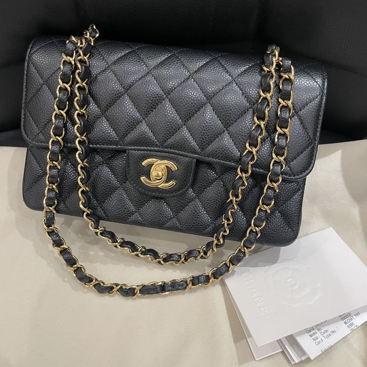 Pre-owned Certified Chanel Small CF Double Classic Flap in Black Caviar Leather with Golden Hardware, 2024 Microchipped, w/ Full Set