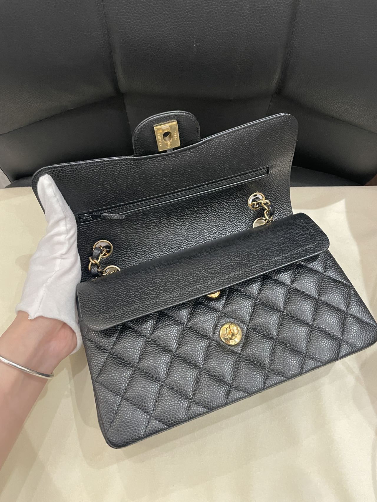 Pre-owned Certified Chanel Small CF Double Classic Flap in Black Caviar Leather with Golden Hardware, 2024 Microchipped, w/ Full Set