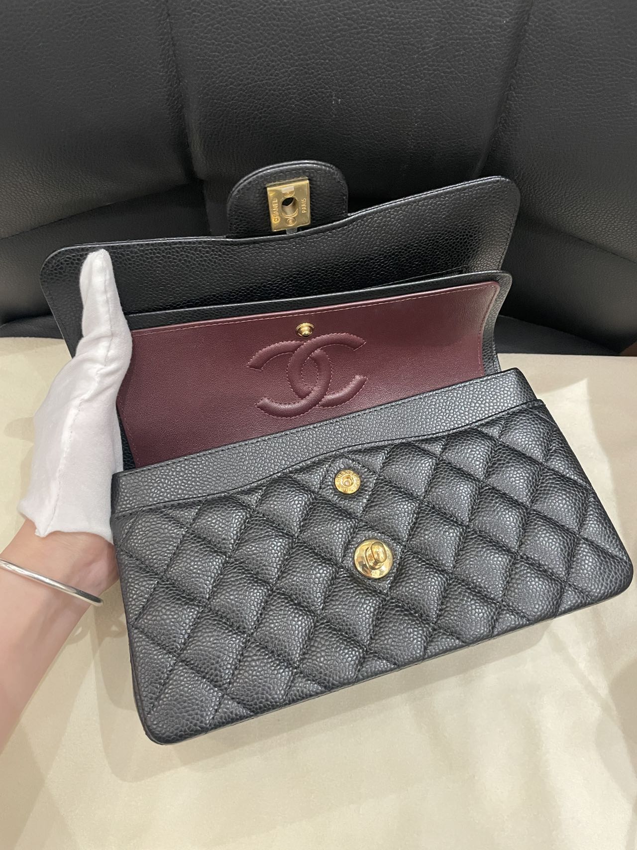 Pre-owned Certified Chanel Small CF Double Classic Flap in Black Caviar Leather with Golden Hardware, 2024 Microchipped, w/ Full Set