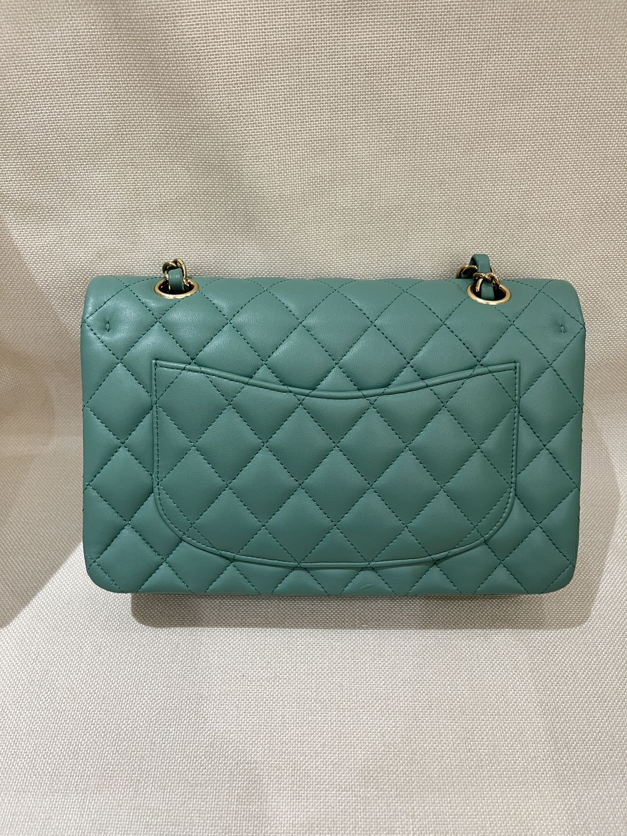 Pre-owned Certified Chanel Small CF Double Classic Flap in Green Lambskin with Light Golden Hardware, 2023 Microchipped, w/ Full Set