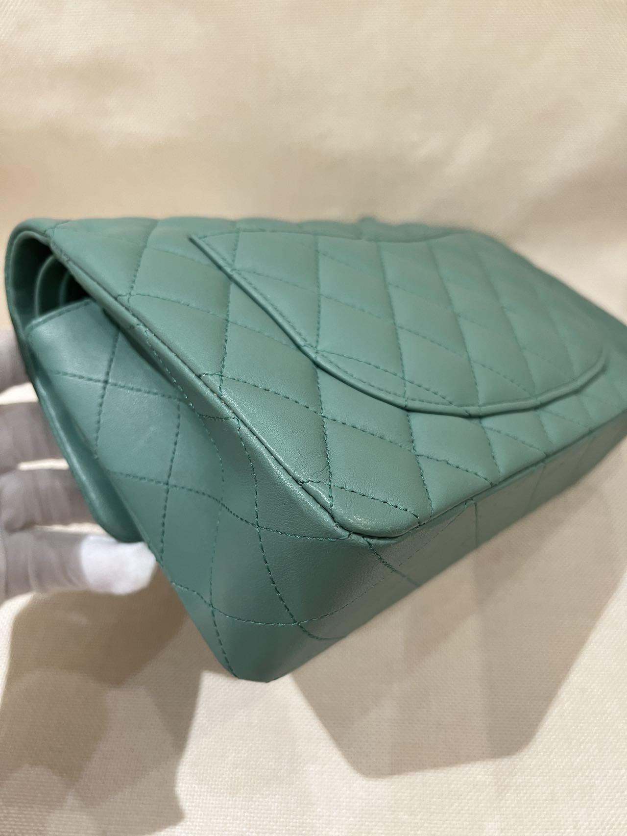 Pre-owned Certified Chanel Small CF Double Classic Flap in Green Lambskin with Light Golden Hardware, 2023 Microchipped, w/ Full Set