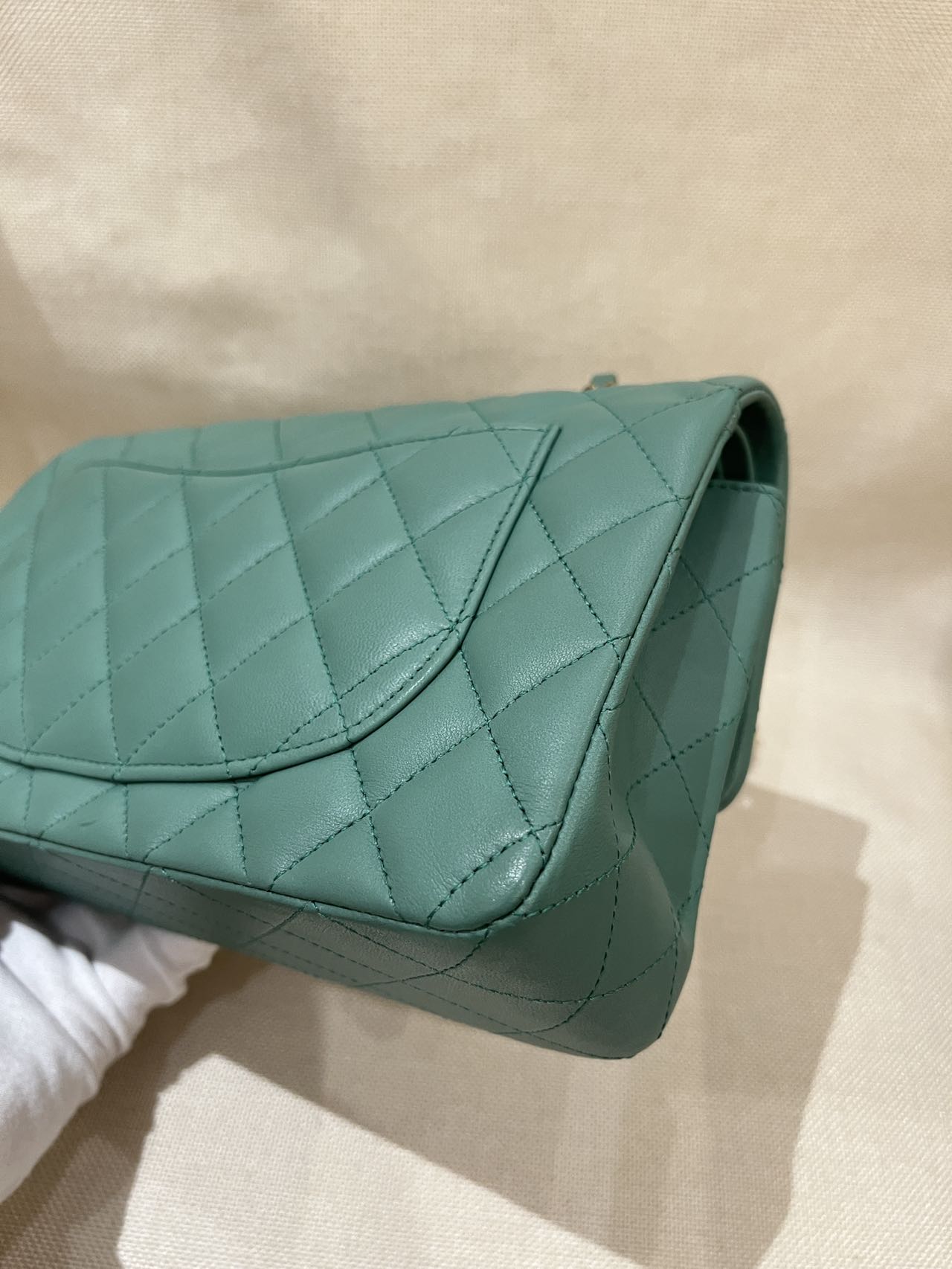 Pre-owned Certified Chanel Small CF Double Classic Flap in Green Lambskin with Light Golden Hardware, 2023 Microchipped, w/ Full Set