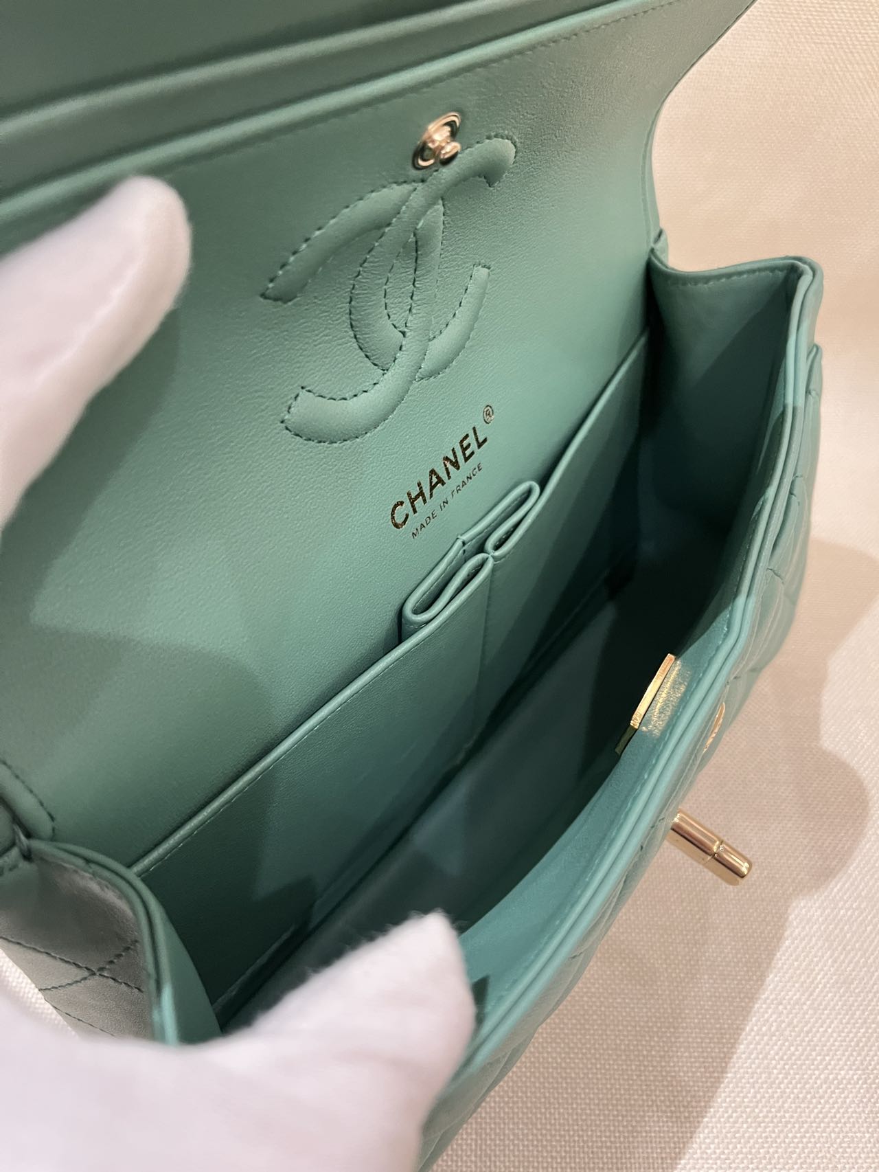 Pre-owned Certified Chanel Small CF Double Classic Flap in Green Lambskin with Light Golden Hardware, 2023 Microchipped, w/ Full Set