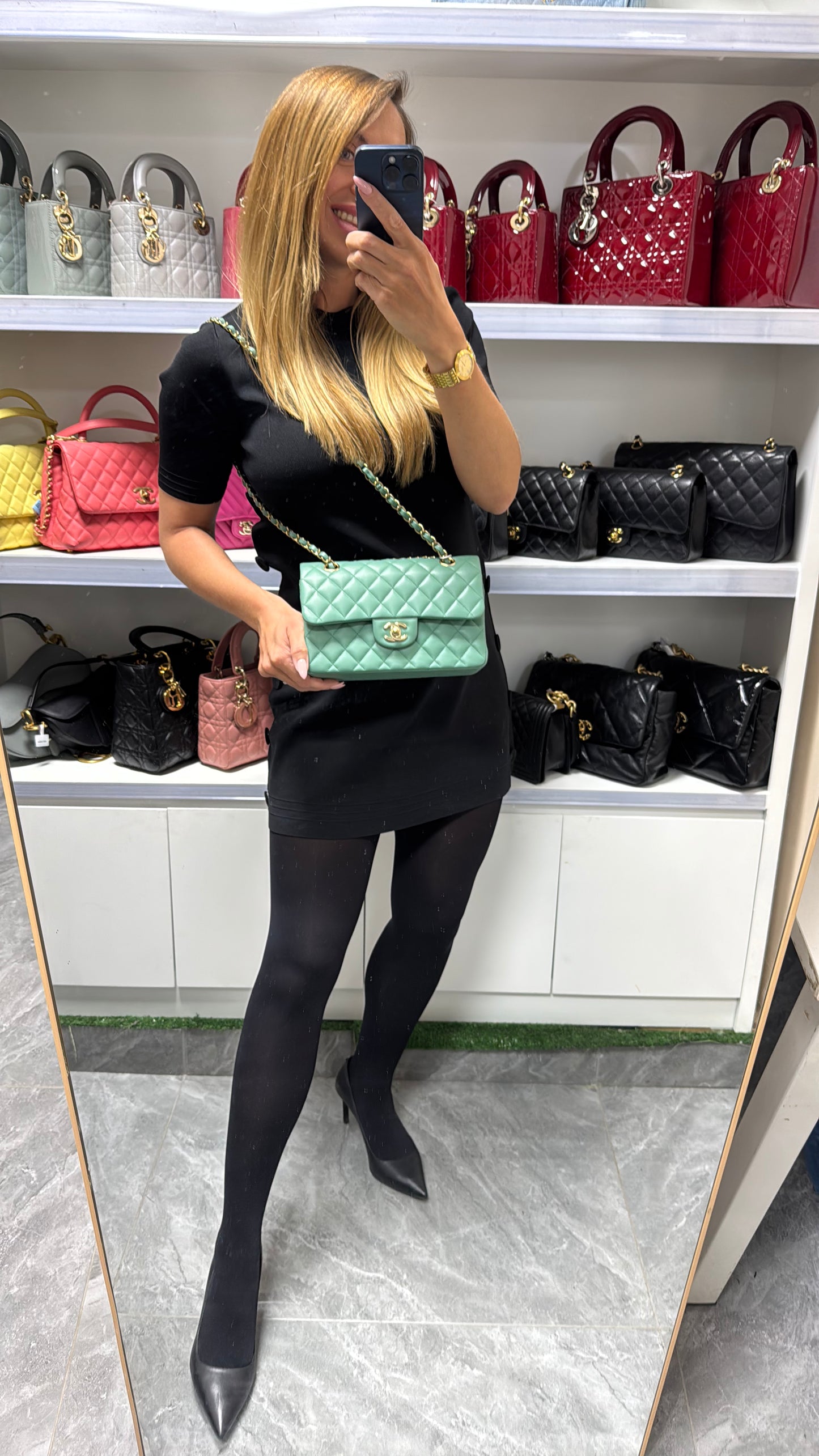 Pre-owned Certified Chanel Small CF Double Classic Flap in Green Lambskin with Light Golden Hardware, 2023 Microchipped, w/ Full Set