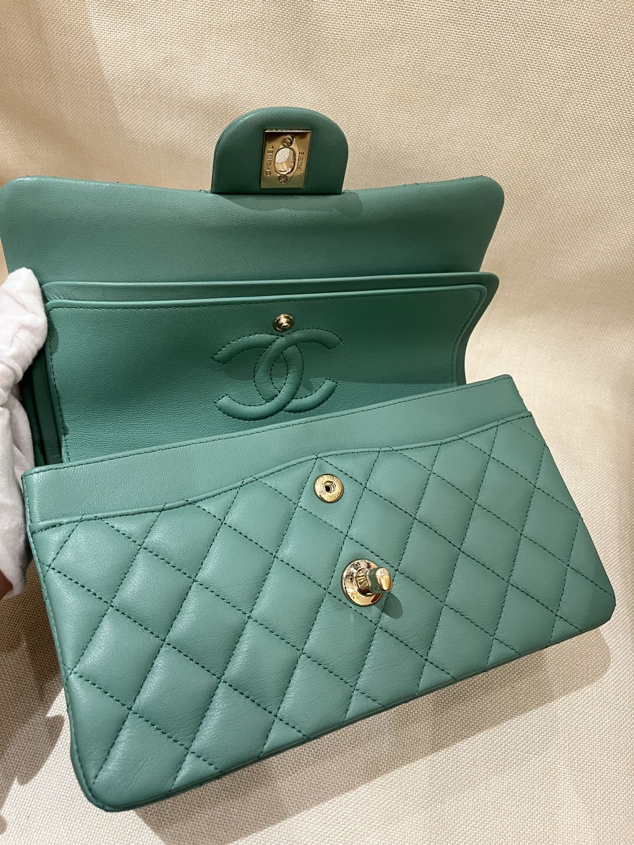 Pre-owned Certified Chanel Small CF Double Classic Flap in Green Lambskin with Light Golden Hardware, 2023 Microchipped, w/ Full Set