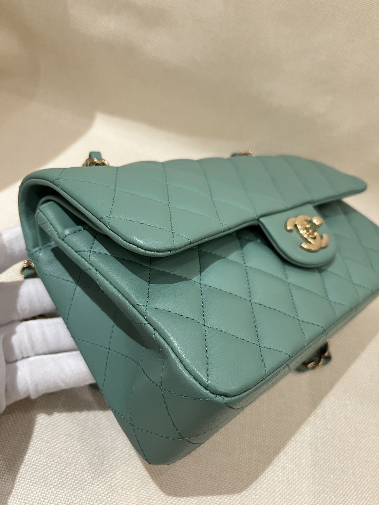 Pre-owned Certified Chanel Small CF Double Classic Flap in Green Lambskin with Light Golden Hardware, 2023 Microchipped, w/ Full Set