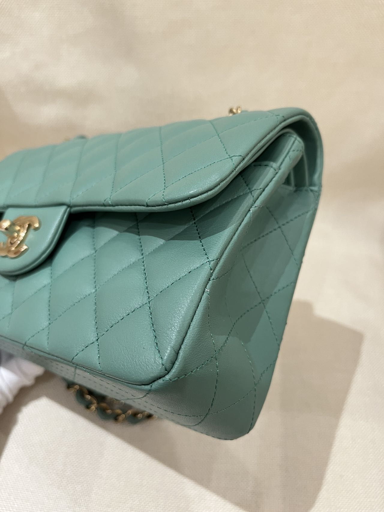 Pre-owned Certified Chanel Small CF Double Classic Flap in Green Lambskin with Light Golden Hardware, 2023 Microchipped, w/ Full Set