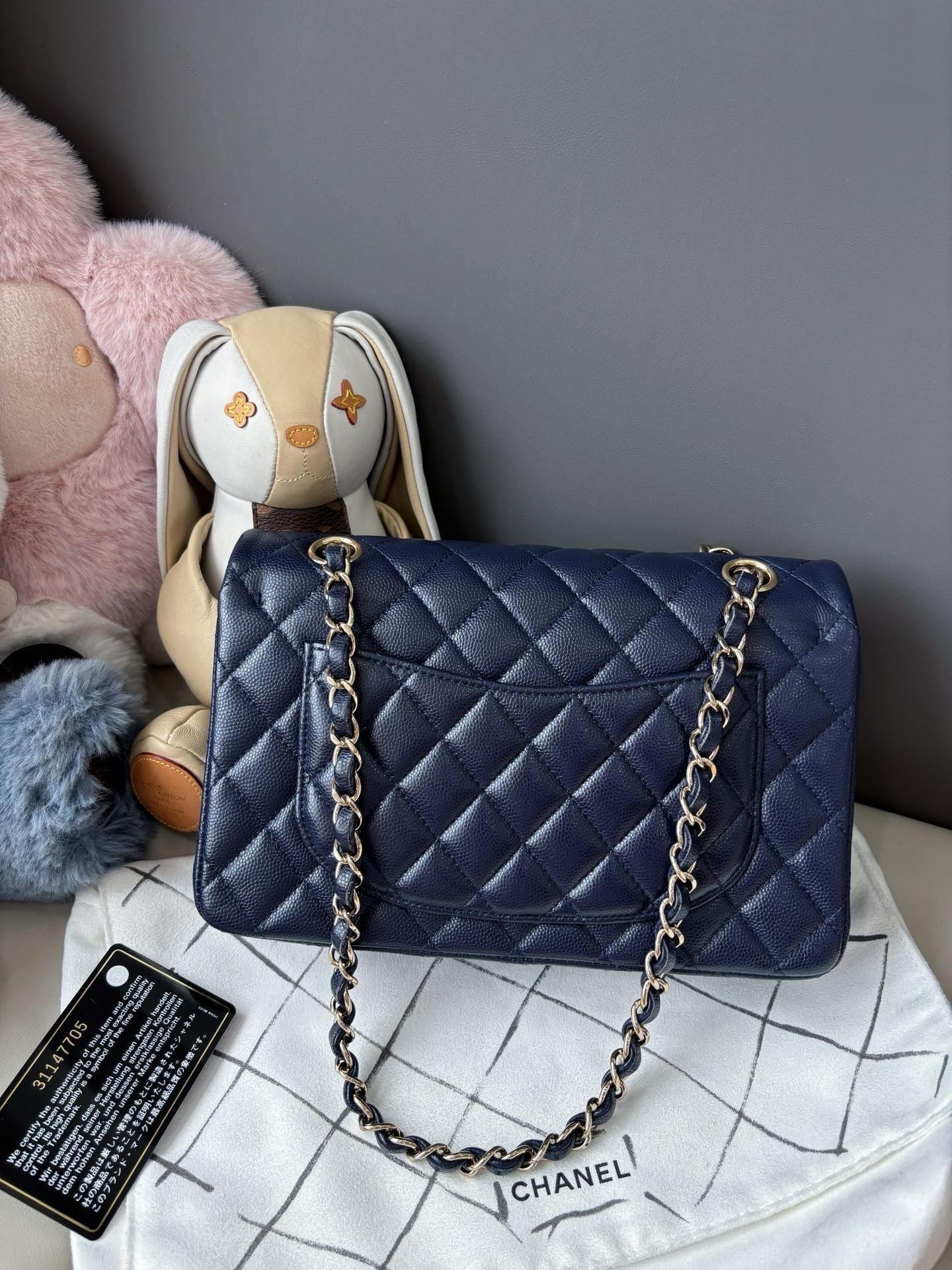 Pre-owned Certified Chanel Small Classic Flap CF Navy Blue Caviar Leather with Light Golden Hardware, 2021, w/ Full Set - Chanel Box, Authenticity Card, Dust Bag