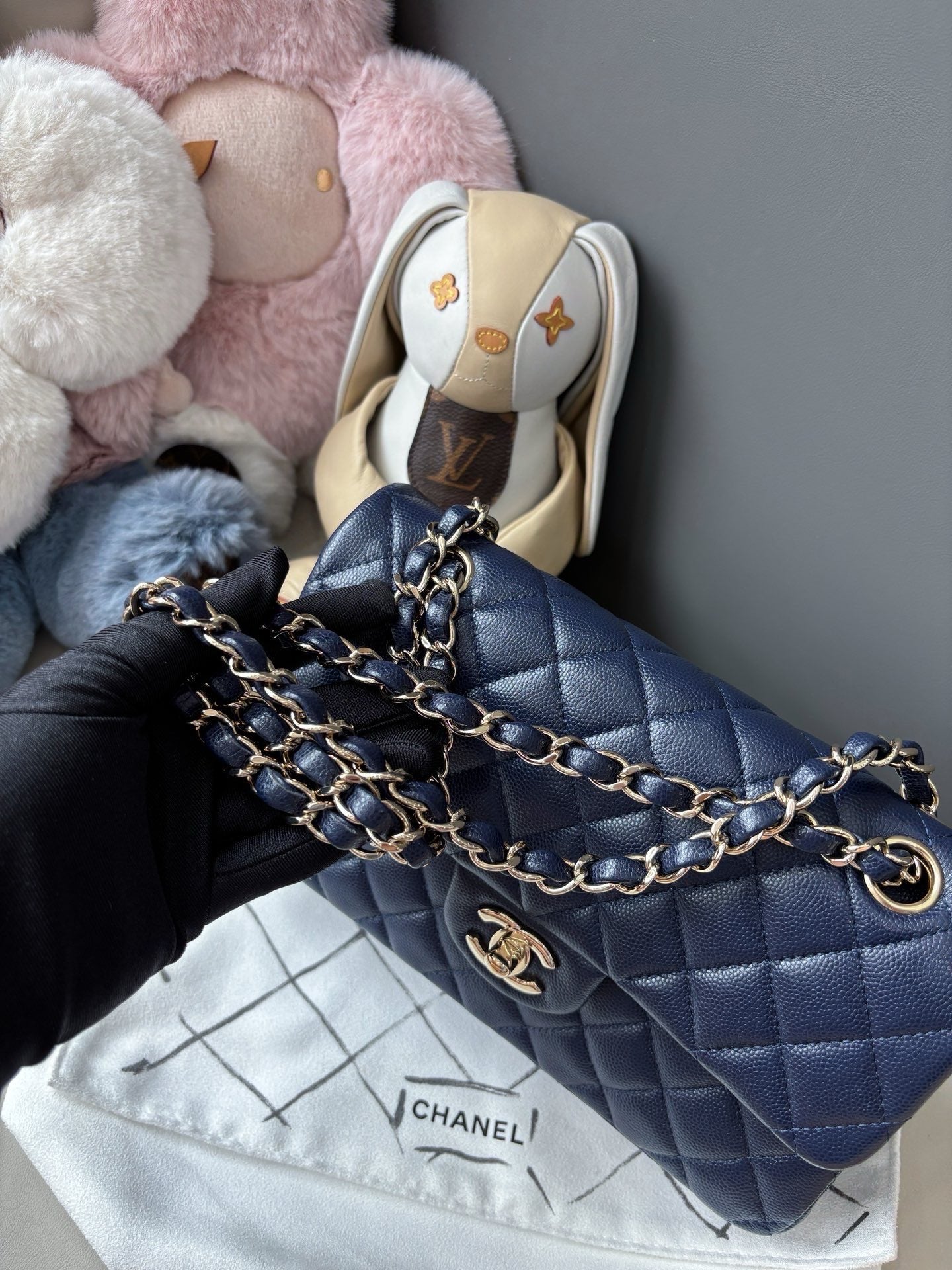 Pre-owned Certified Chanel Small Classic Flap CF Navy Blue Caviar Leather with Light Golden Hardware, 2021, w/ Full Set - Chanel Box, Authenticity Card, Dust Bag